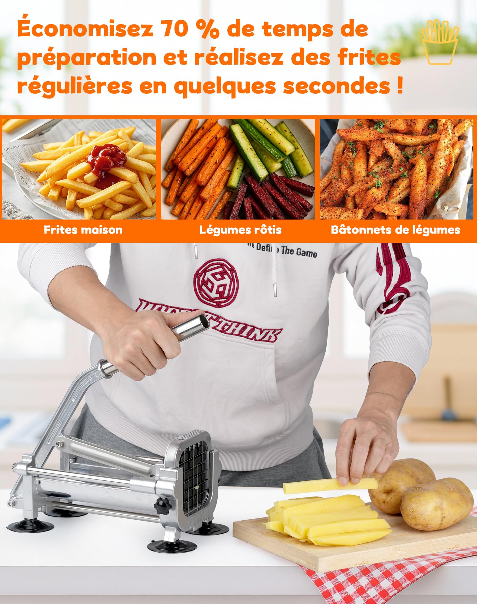 Coupe-Frites Manuel en Acier Inoxydable Coupe Frite Professionnel avec Lames 6,5 mm / 9 mm / 13 mm Coupe Pomme De Terre pour Frite Idéal pour Patates Douces Carottes Et Concombres