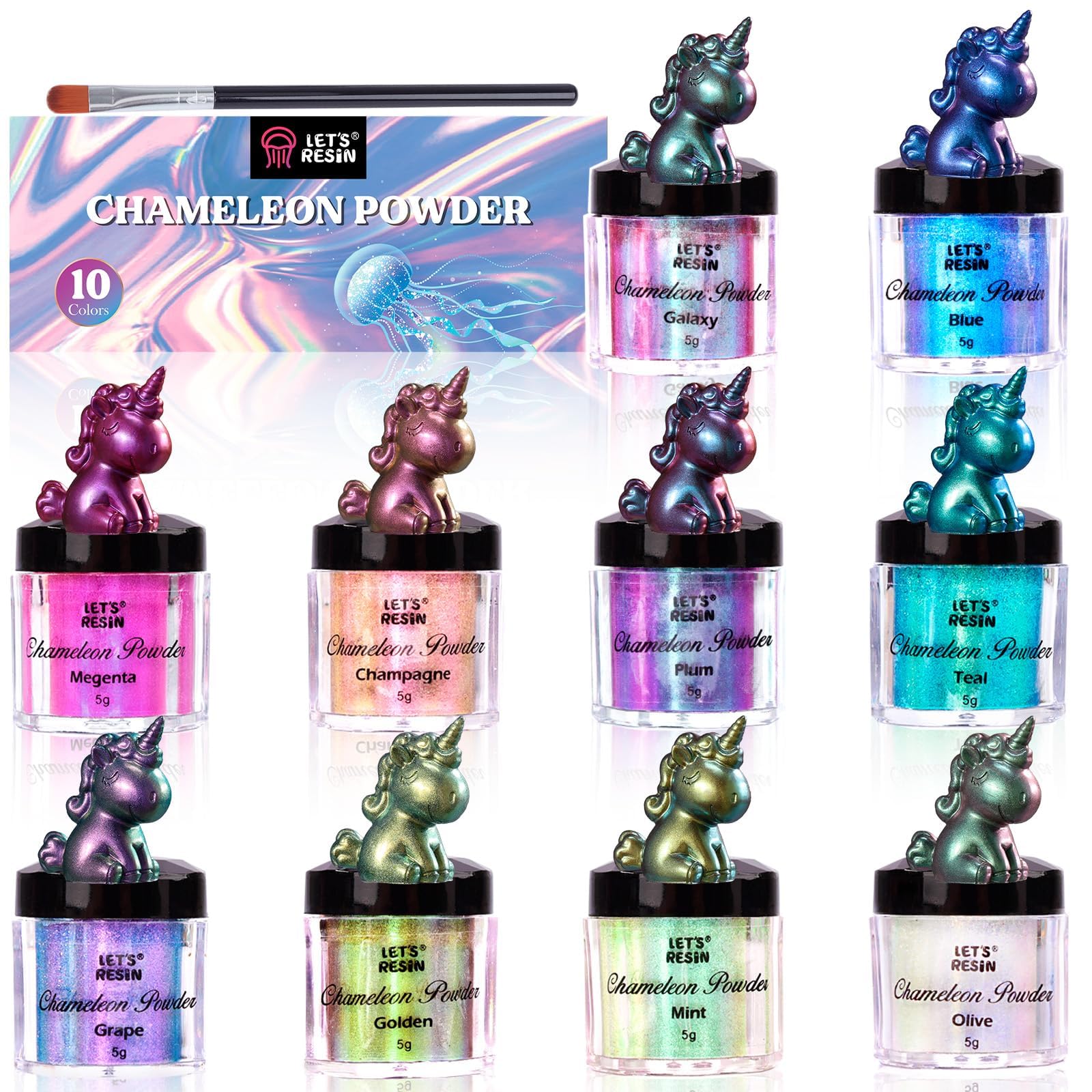 LET'S RESIN Chameleon Mica Powder, 10 * 5g Color Shift Mica Powder for Epoxy Resin/Tumbler, Saturated Color Shifting Chrome Pigment Powders for Painting,Slime,Nails