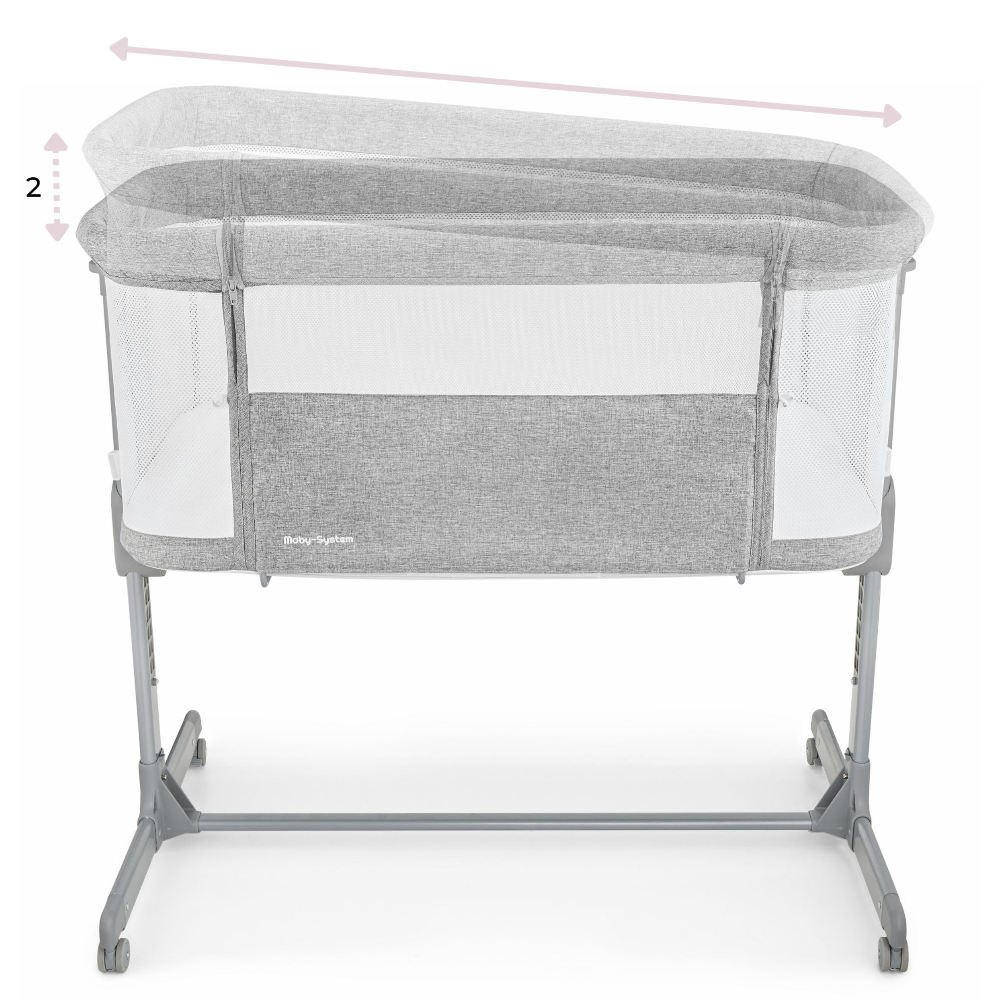 Moby-System LUNA Lettino 3 in 1 Grigio per Bambini Fino a 9 kg, Regolabile in Altezza su 7 Livelli, con 4 Ruote per Facilità di Trasporto e Parete Laterale Rimovibile