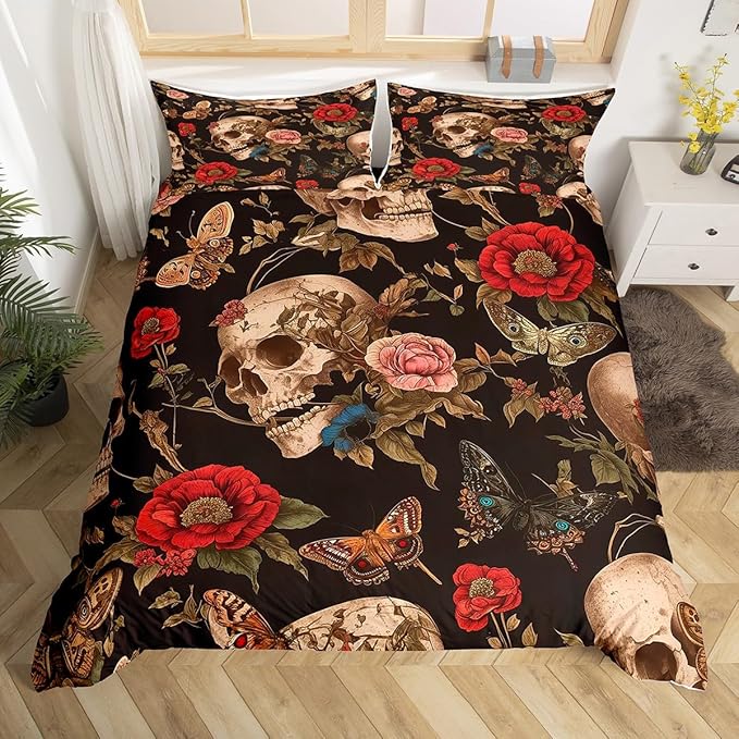 Feelyou Sugar Skull Rose Comforter Cover Set Queen Size Death Moth Bedding Set for Boys Girls Gothic Skull Floral Flower Bedding Duvet Cover Set Bedspread Cover,No Stuffing