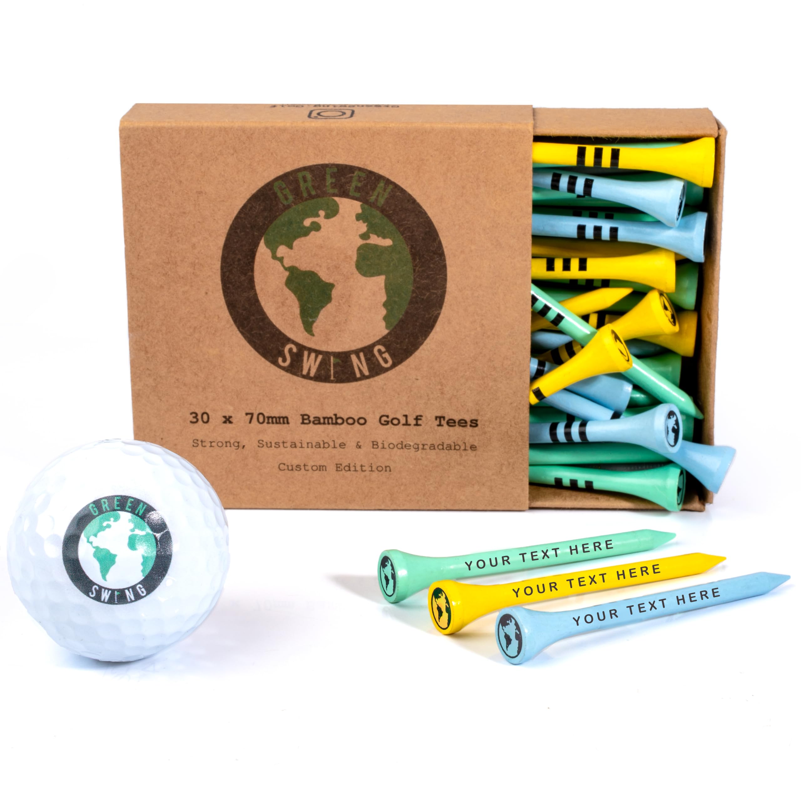 Green Swing Personalised Bamboo Golf Tees 70mm | Perfect For Gifting & Events | Choice of Colours & Quantity | Custom Golf Gifts (60pcs, Mixed)