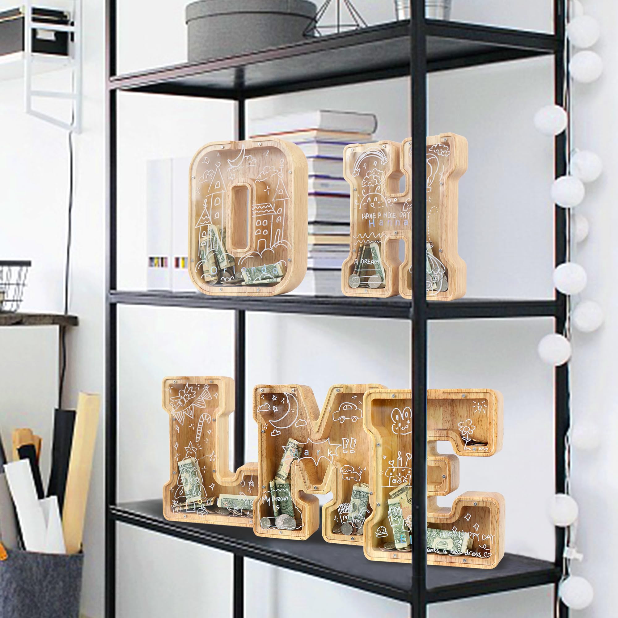 Lakpopya Spaarpot voor kinderen, jongens, meisjes, spaarvarken, kinderen, spaarpot, gepersonaliseerd, doorzichtig, letters, hout, A-Z, met doelbereik, stickers en marker, doop, cadeau, decoratie (H
