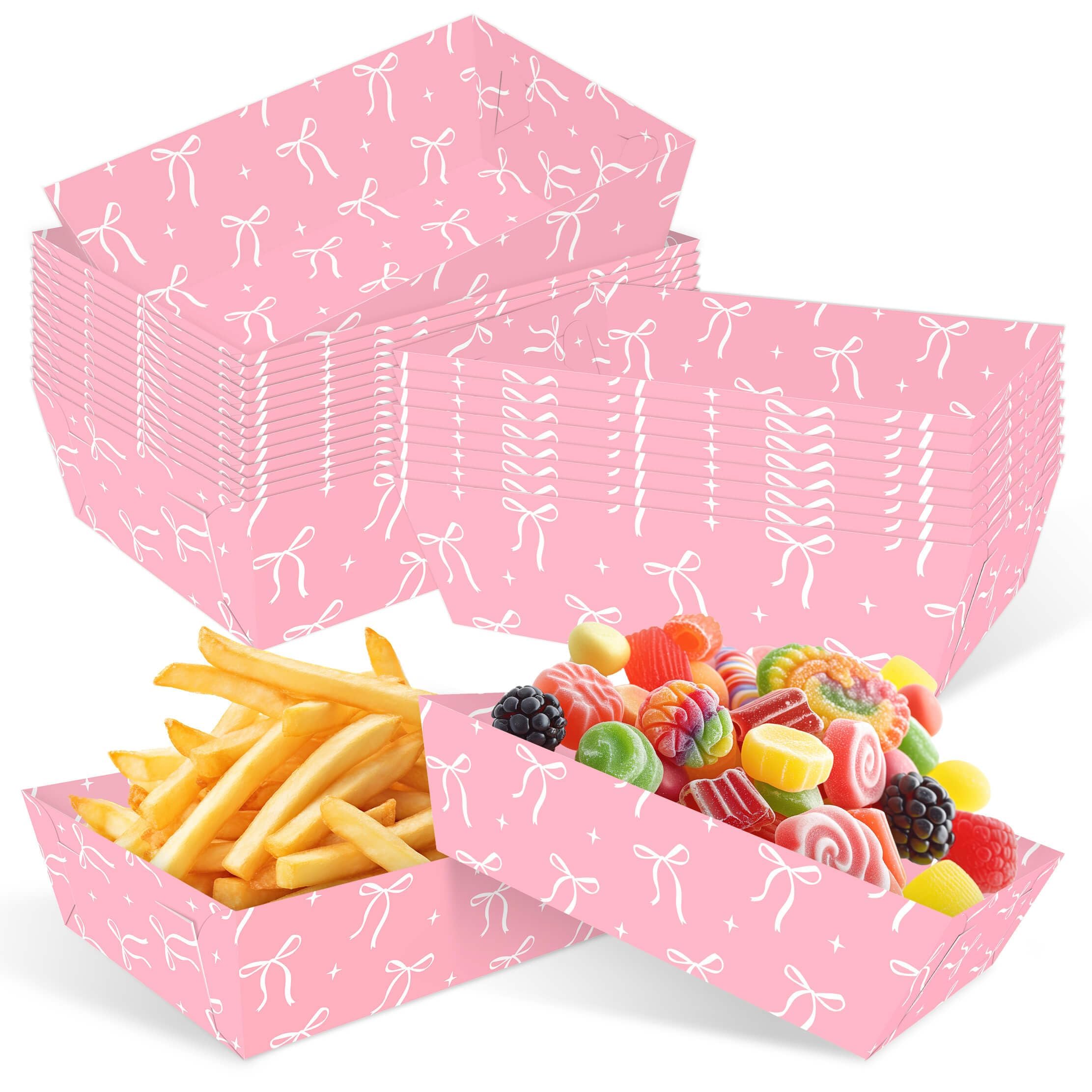 36Pcs Pink Bow Paper Food Tray Bow Disposable Food Boats for Birthday Baby Shower Bridal Shower Bachelorette Party Bow Theme Party Supplies for Girls