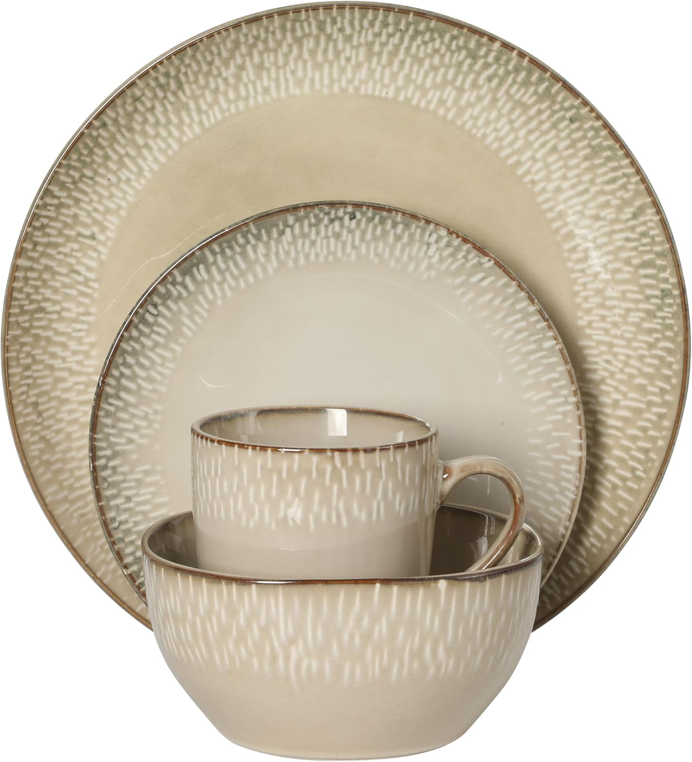 Gibson Elite Jasper 16 Piece Plates and Bowls Reactive Glaze Dishes Stoneware Ceramic Dinnerware Set - Service for 4 - Taupe