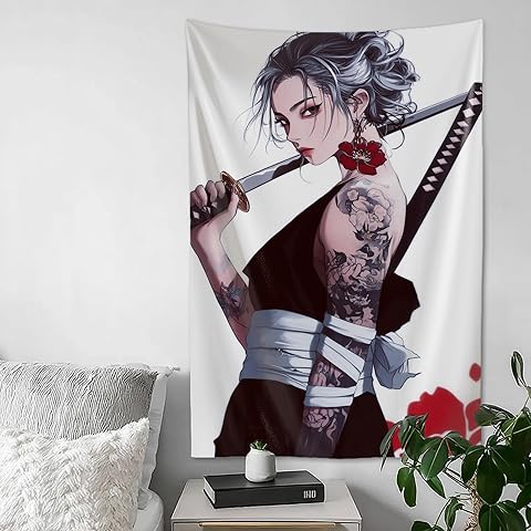 QEOPGNE Wall Tapestry Wall Art Cool Samurai Woman Japanese Anime Girl Tapestry for Bedroom Living Room Decor for Men And Woman Tapestries Wall Hanging Decor 40