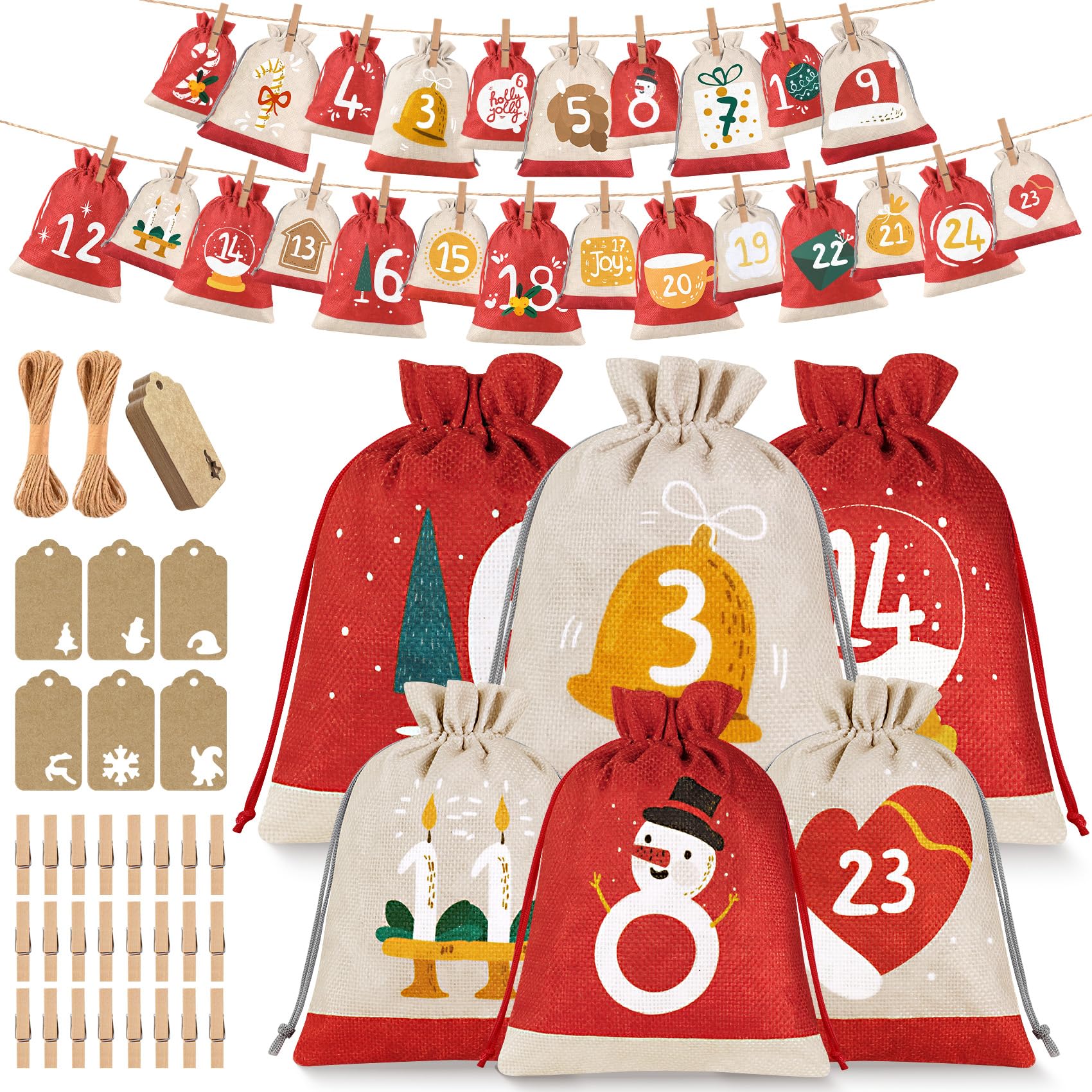 Calendrier De L'Avent Vide à Remplir Soi-même - 24 Pochons En Tissu Avec Clips - 2 Tailles - DIY Noël - 7