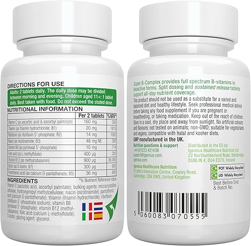 Miniatura 6 de Super B-Complex - Complejo B metilado de liberación sostenida y vitamina C folato y metilcobalamina vegano 60 tabletas pequeñas