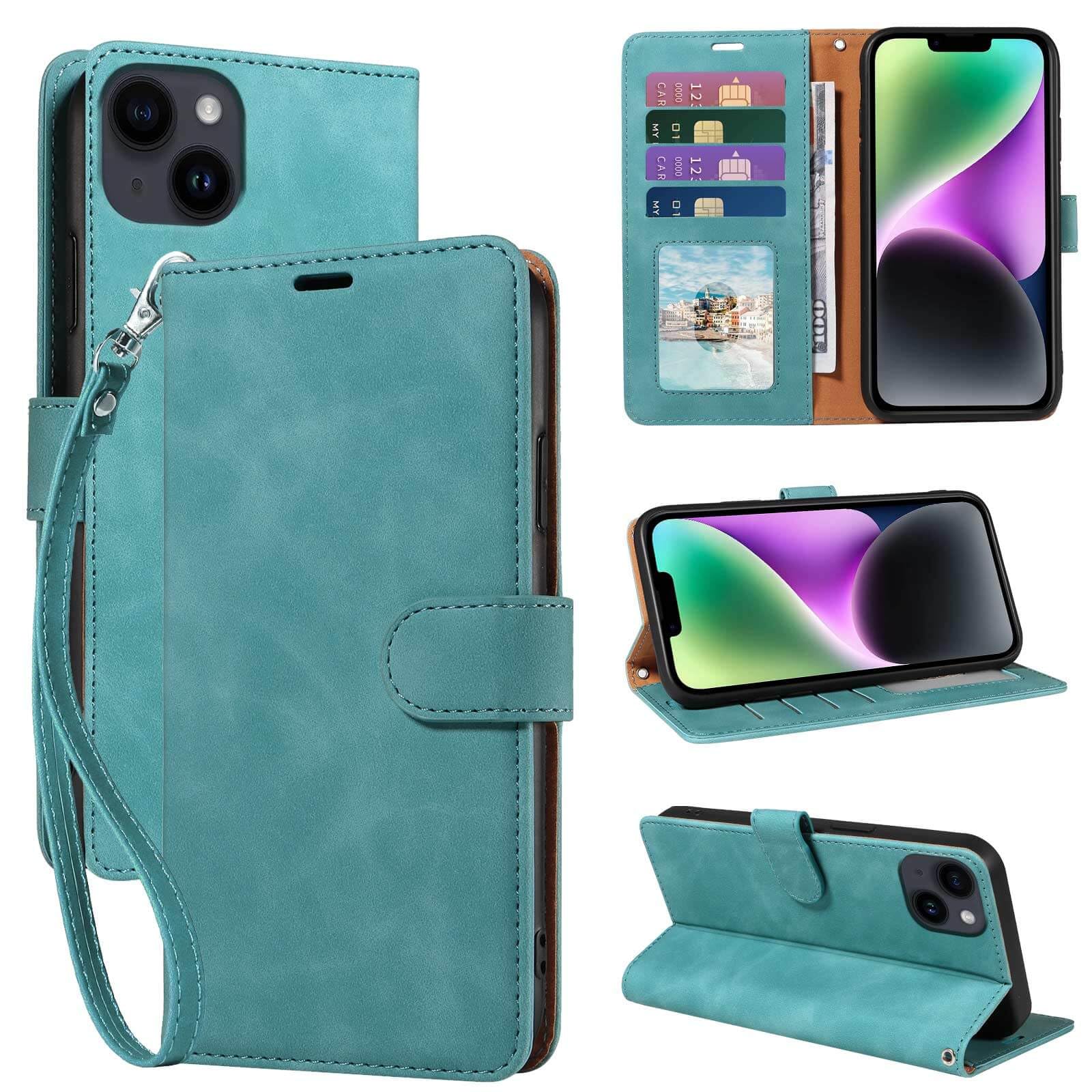 GOTOURED for iPhone 14 Plus Phone Case Wallet, RFID Blocking 4 Card Slots, Wrist Strap, Kickstand, Magnetic Closure