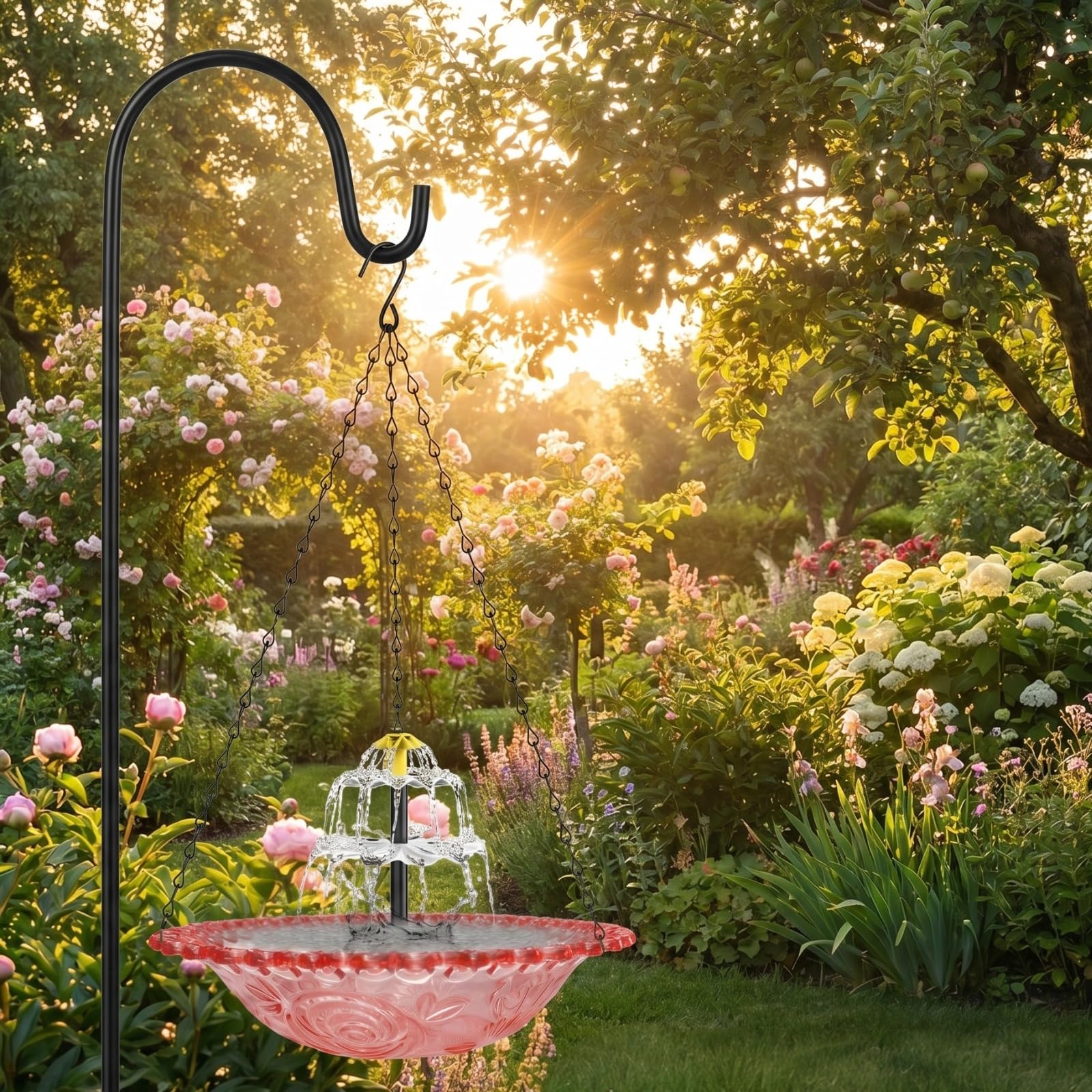 Solar Bird Bath Fountain Hanging Outdoor: 2-in-1 Solar Powered Waterfall & Bird Feeder - Large Weatherproof Water Feature for Outdoor, Gardens and Balcony Decoration (Pink)