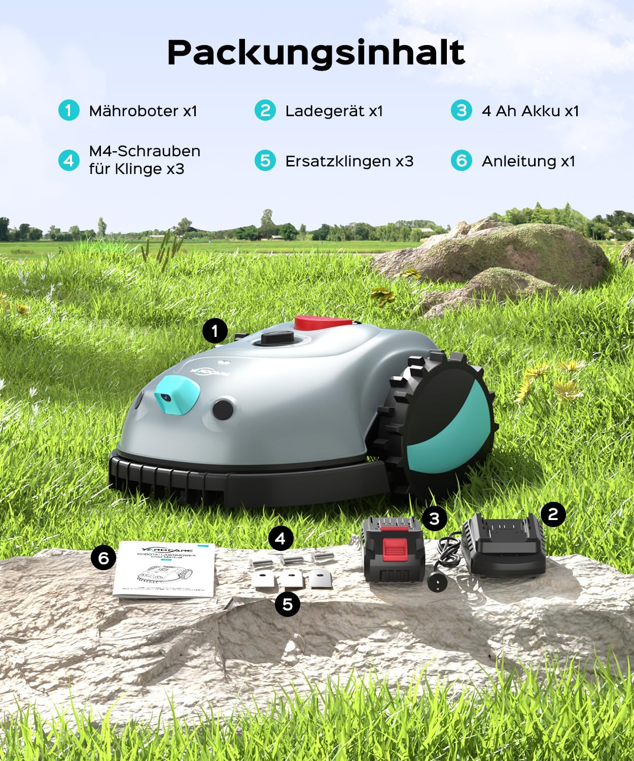YARDCARE V100 Mähroboter ohne Begrenzungskabel, mit Vision Navigation, Spiralschnitt, 150 Hinderniserkennung, Rasenroboter bis zu 150 m², 4Ah Akku Rasenmäher Roboter mit Kamera, Ersatzklingen