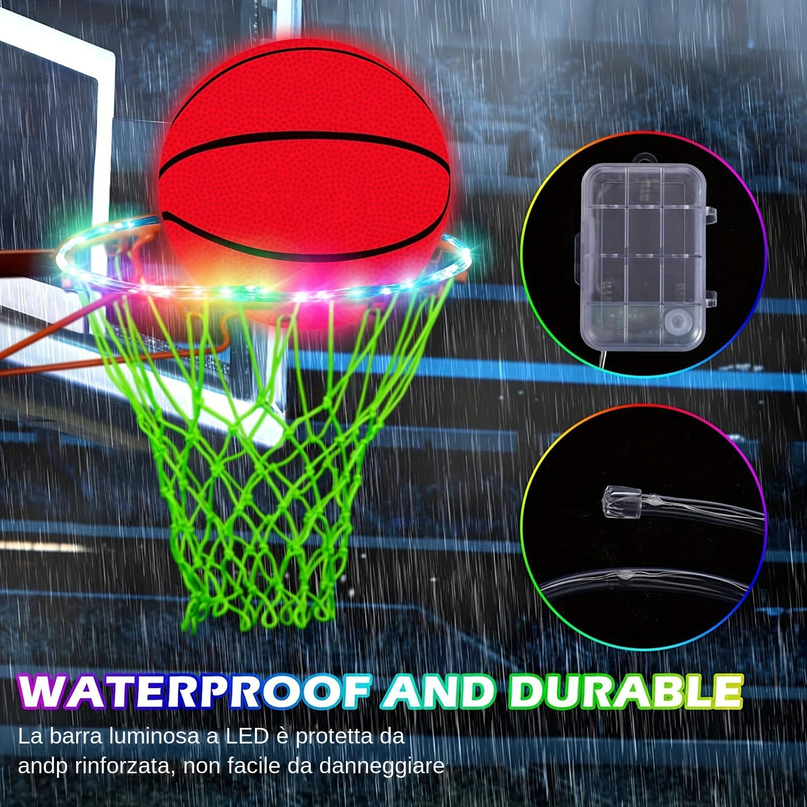 Luz LED para canasta de baloncesto, aro de baloncesto iluminado | 16 luces LED para borde con mando a distancia con cambio de color | Resistente al agua, mando a distancia, ultra brillante, 4 modos