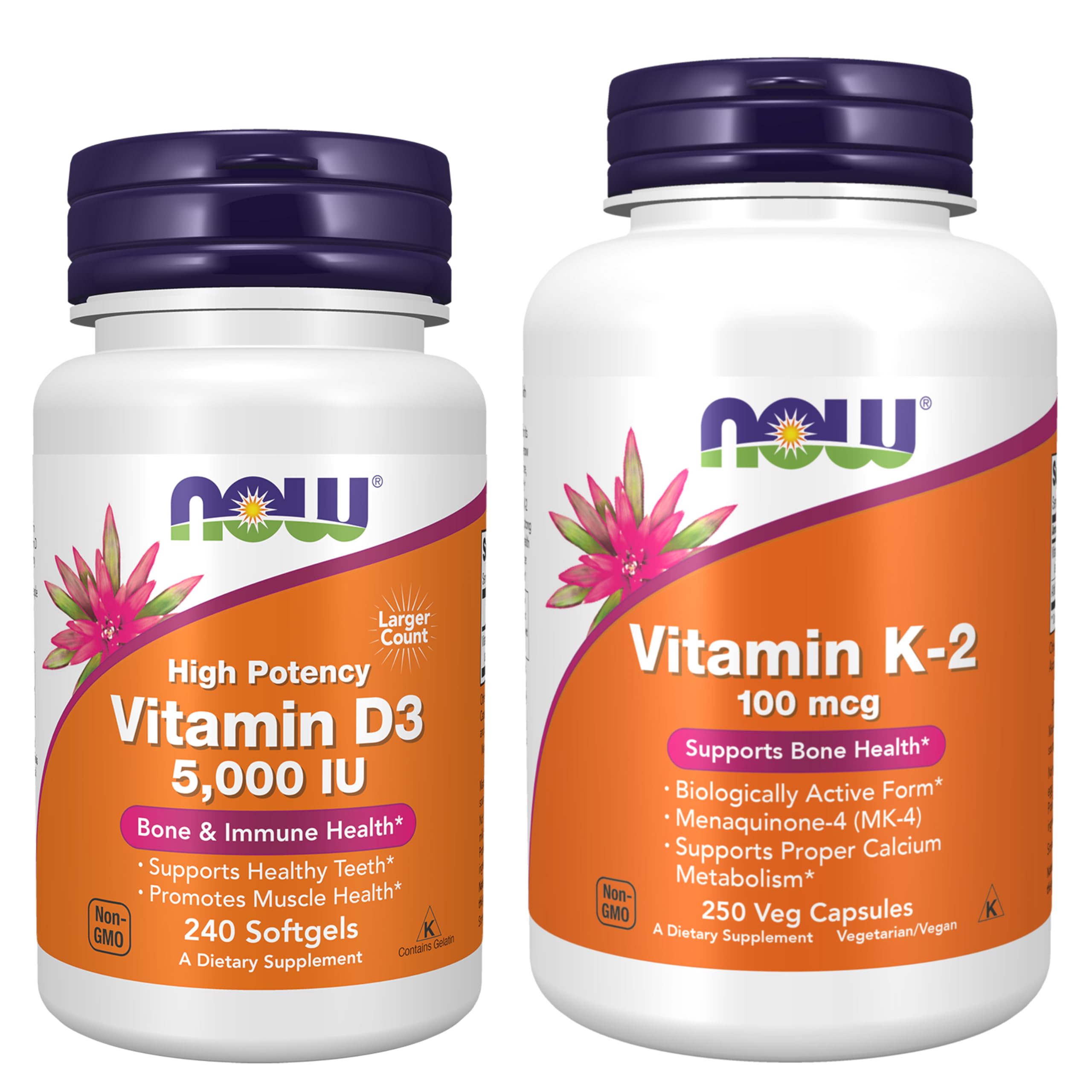 NOW Foods Vitamin D-3 & + VIT K-2 Menaquinone-4 (MK-4) Supplements Bundle Vitamin D3 & K-2 490 Count (Pack of 2)