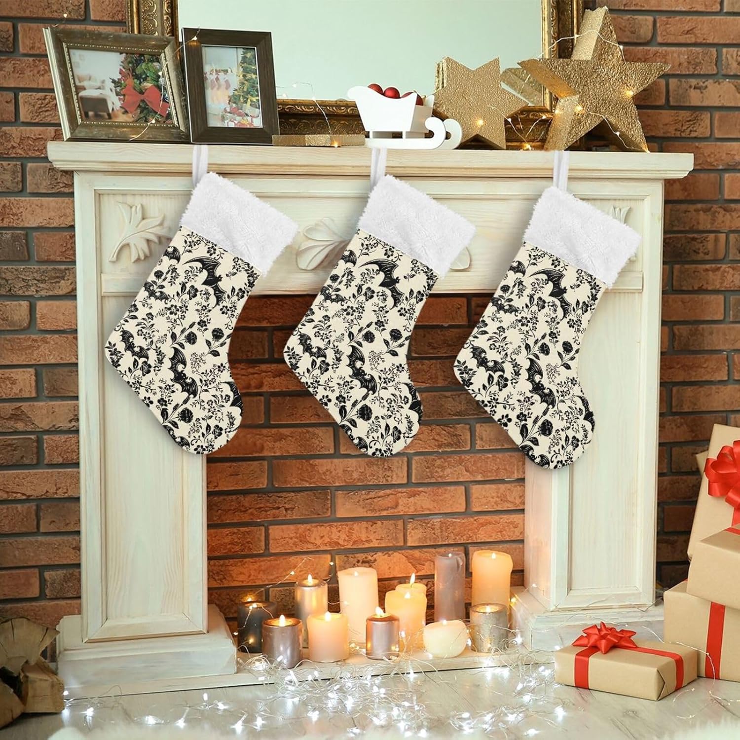 Mint Green Bat Silhouette Christmas Stocking with Plush Cuff