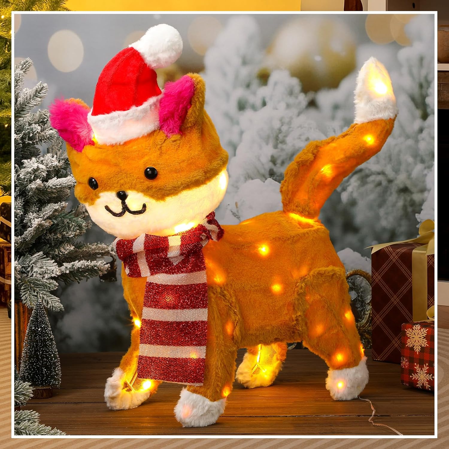 Gisafai 18.5 Inch Christmas Outdoor Decoration Lighted Cat Pre Lit 3D Cute Cat Christmas Outside Holiday Decor with LED Lights for Garden Yard Lawn Holiday Display