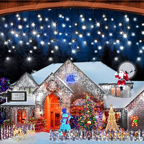 Vista 31 de KNONEW 164 pies 1600 luces LED de Navidad decoración al aire libre, temporizador blanco, 8 modos de luces colgantes con 320 gotas, enchufe en Blanco