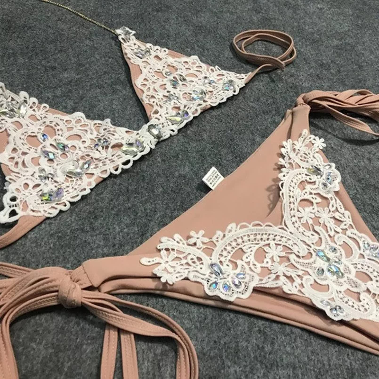 BAJIE Strój bikini zestaw bikini kostium kąpielowy haft łańcuch koronka dzielone bikini bez rękawów majtki dla dziewczynek stroje plażowe różowy L