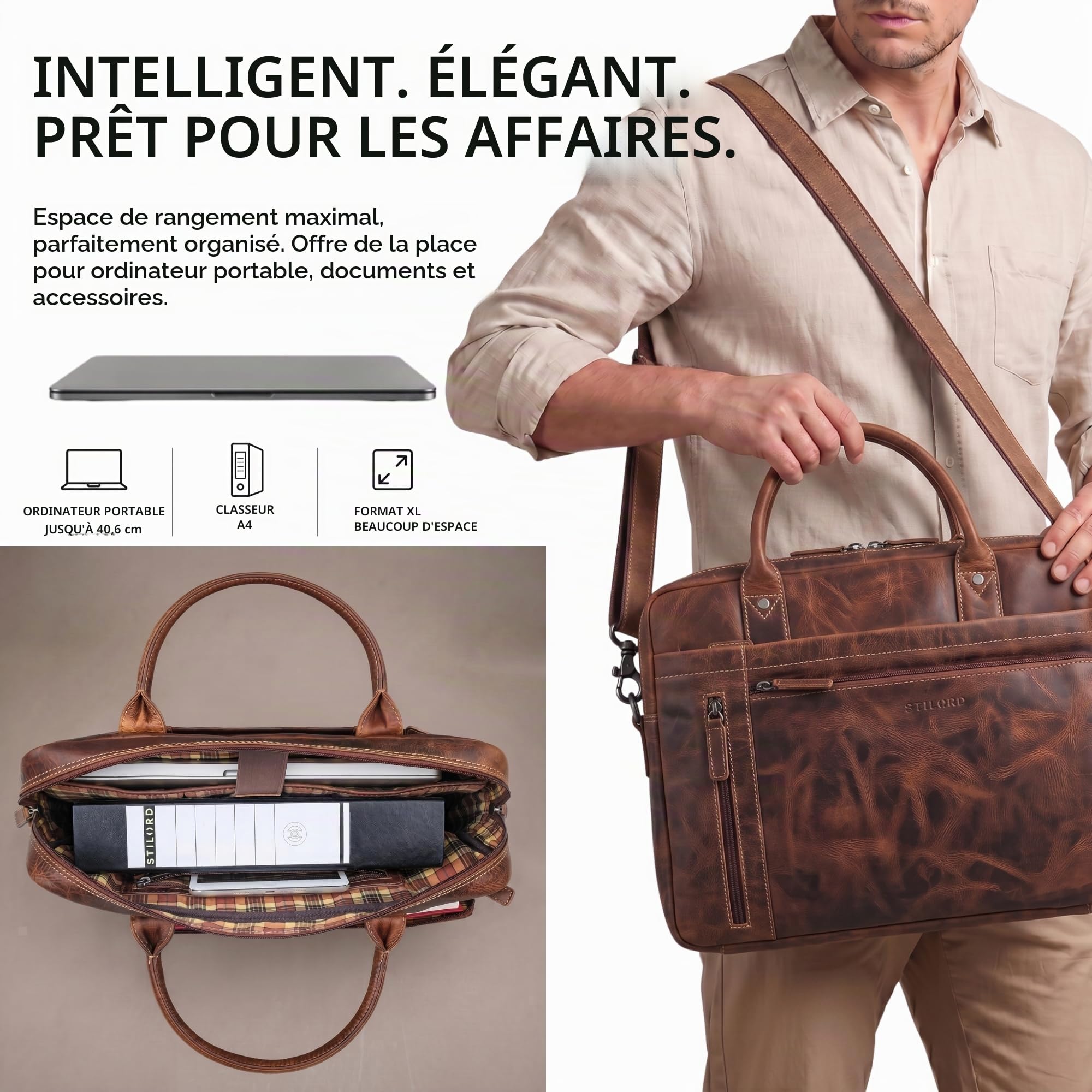 STILORD Jared Sac Ordinateur 16 Pouces Cuir Homme – Sacoche Business Haut de Gamme en Cuir Véritable – Mallette de Travail Bandoulière – Compartiments Multiples Couleur:Salerno - Marron