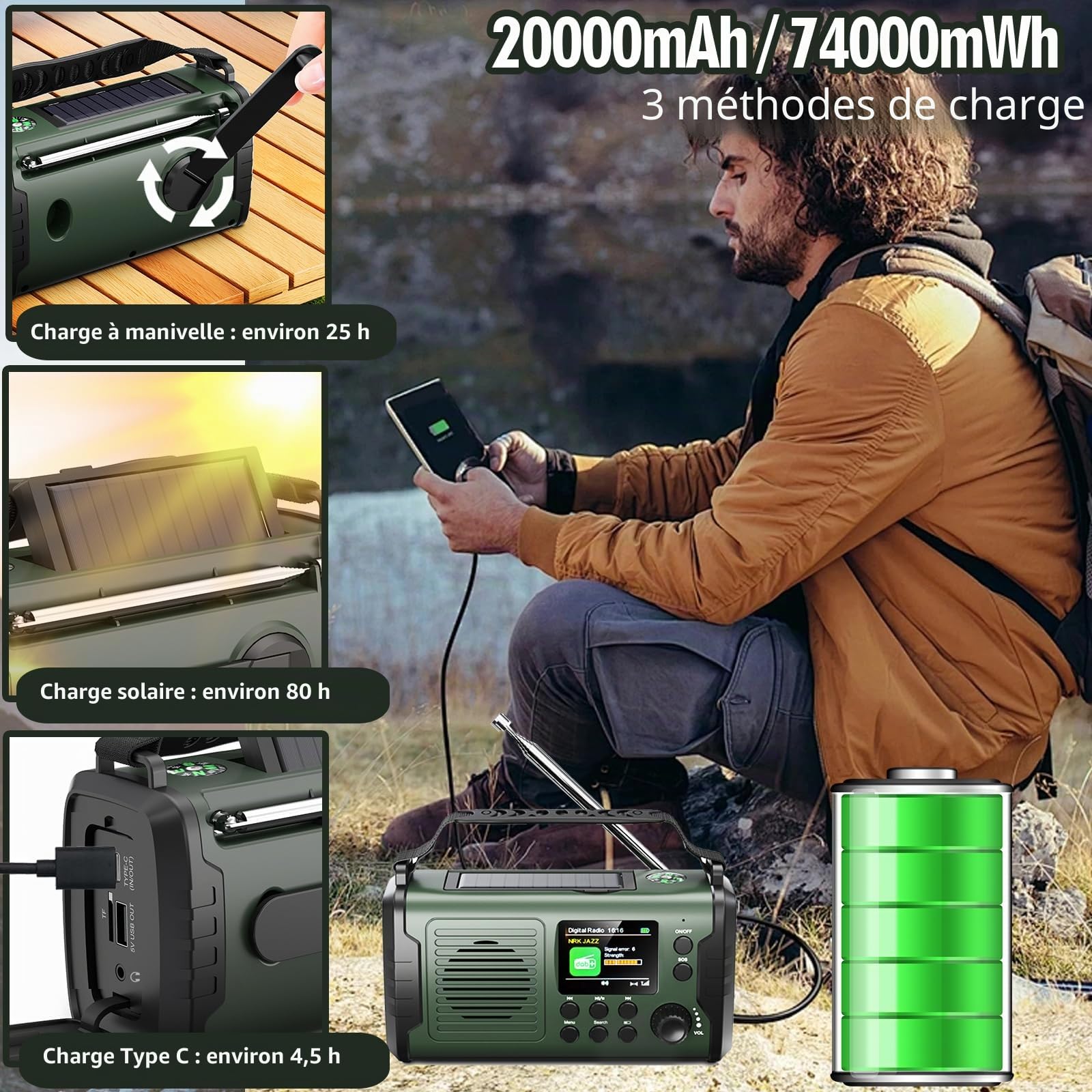20000mAh Radio Solaire, Dab/Dab+/FM Radio à Manivelle, 3 Méthodes de Recharge, 11 en 1 avec Bluetooth 5.3, Batterie Externe, SOS, Lampe Torche, Boussole,Carte TF et Lampe de Lecture