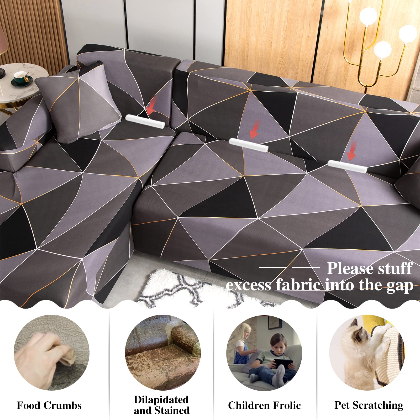 Jaotto Copridivano con Penisola Elasticizzato A Sinistra Destra, Fodere Copridivano Angolare Universale, Copri Divano Chaise Longue a Forma di L (1 posto+2 posti, geometria marrone)