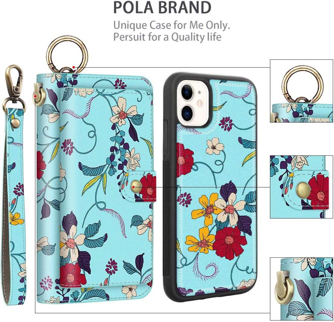 Petocase Compatible iPhone 11 Wallet Case, Multi-Function Zipper Purse with Detachable Magnetic Back Cover Wristlets 13 Card Slots & 4 Cash Pocket for Apple iPhone 11 Green Floral