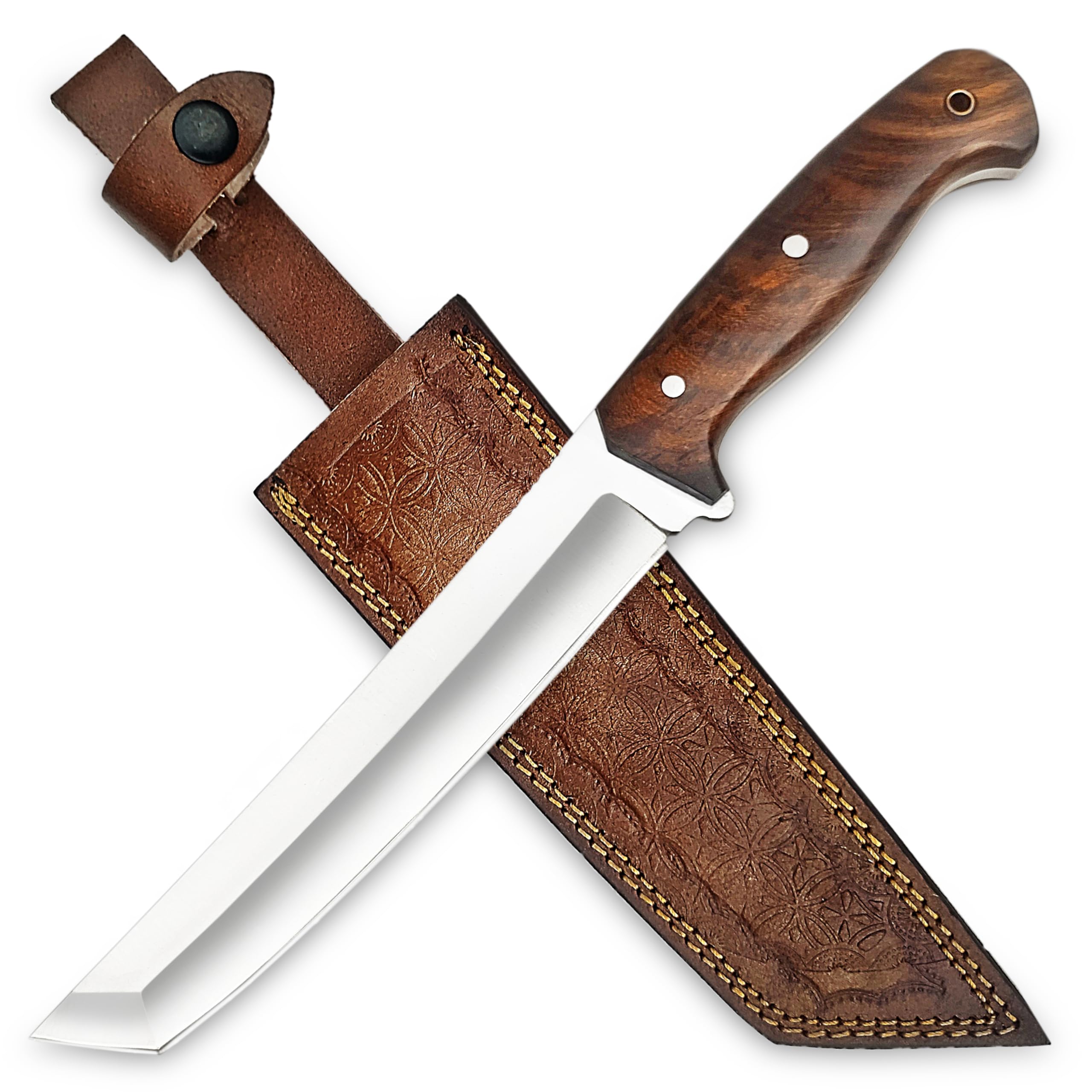 13" Custom Hunting Bowie Knife - 8" D2 Steel Tanto Blade - Handcrafted Rosewood Handle - Genuine Cowhide Leather Sheath - Heavy Duty Tactical Survival & Camping Fixed Blade