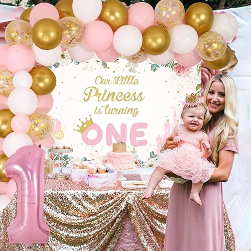 Miniatura 3 de Kit de arco de globos rosa, blanco y dorado, para el primer cumpleaños, Our Little Princess Is Turning One Backdrop para niña de un año