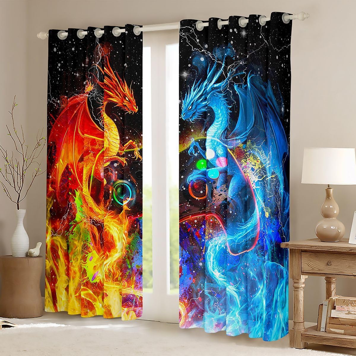 Feelyou Gamer Blackout Curtains Dragon Gaming Window Curtains Ice Fire Dragon Darkening Drapes for Bedroom for Kids Boys Girls Gamepad Living Room Window Treatments (2 Panels, 38 x 45 Inch) image 2