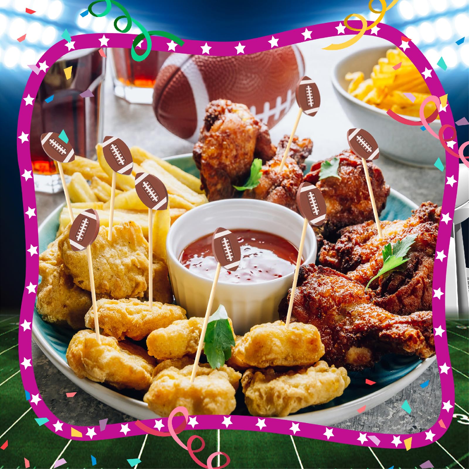 100 palillos de cóctel de fútbol, palillos de dientes decorativos para aperitivos, bebidas, alimentos de frutas, pinchos de bambú de 4.7 pulgadas de largo, palitos de charcutería para pelota de rugby,