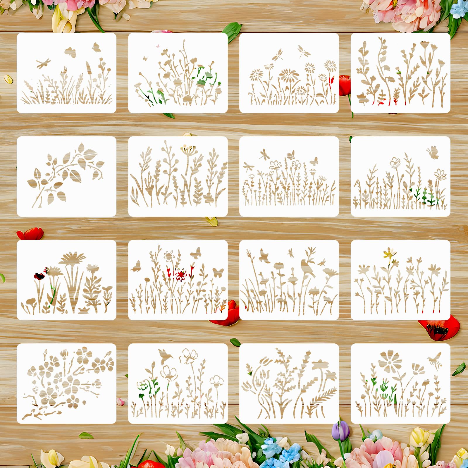 Flower Stencils, Ymapinc 16pcs Botanical Flower Stencil Reusable for Crafts Small Wildflower Floral Paint for Painting on Wood Card Making, Art Stencils for Furniture Walls