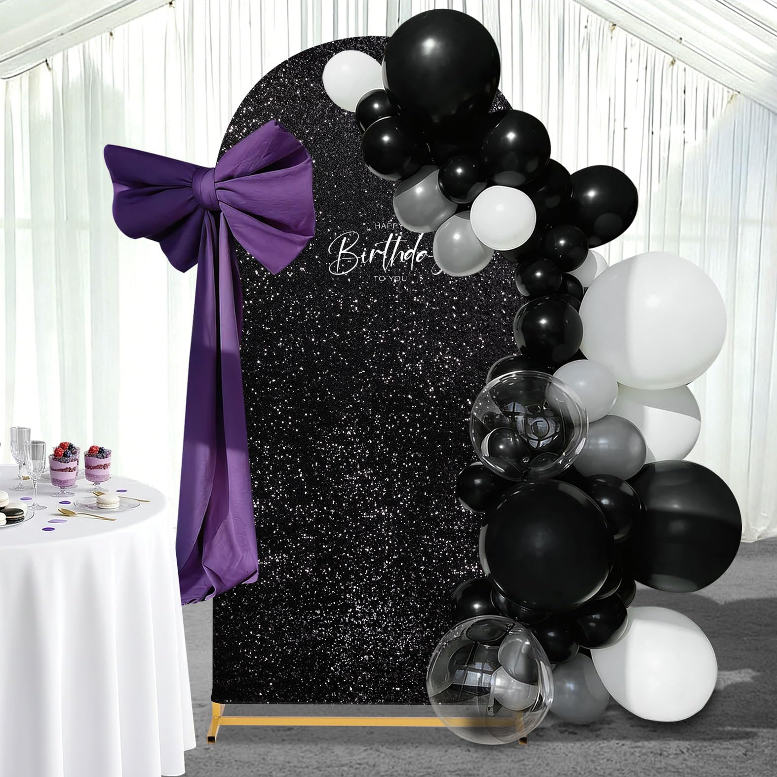 Copertura per sfondo ad arco con paillettes nere da 2,7 m, in tessuto scintillante, per feste, matrimoni, decorazioni fotografiche