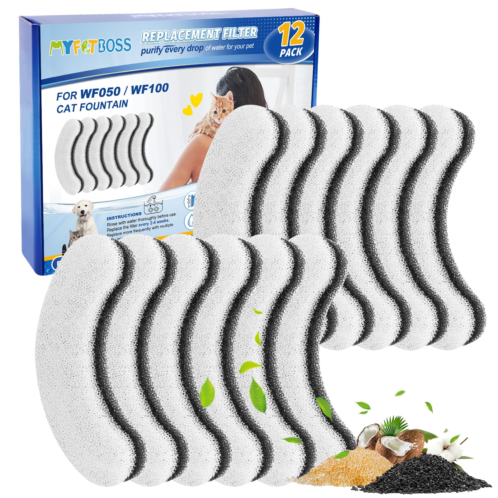 MyfatBOSS 12 Pack Cat Water Fountain Filters for WF050 WF100 Automatic Pet Water Fountain, Pet Fountain Filter Replacement for WF050TP Cat Founatin