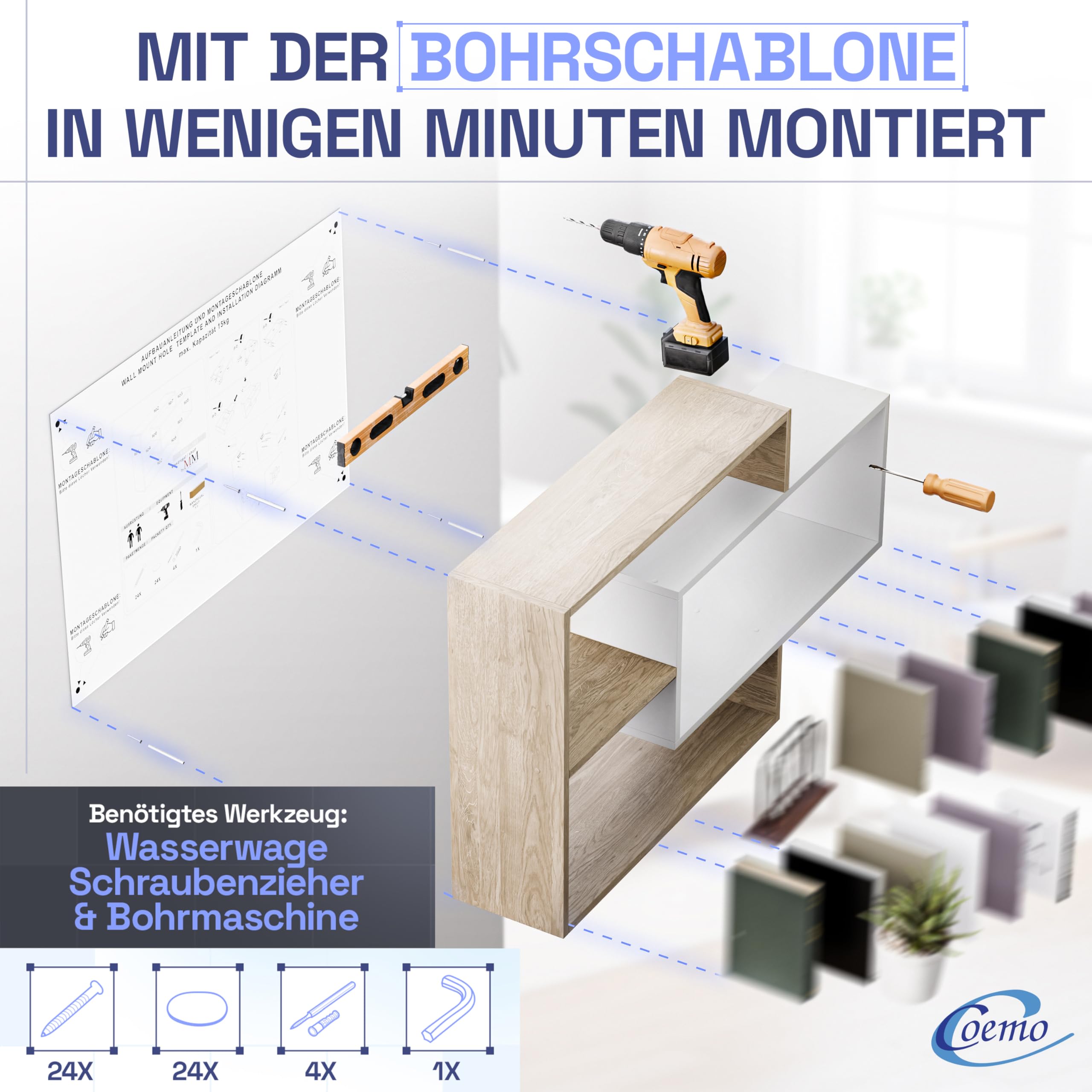 TRAUMMÖBEL Wandregal Karo Natur/Weiß Bücherregal Holz Hängeregal Schweberegal für Wohnzimmer, Schlafzimmer und Küche
