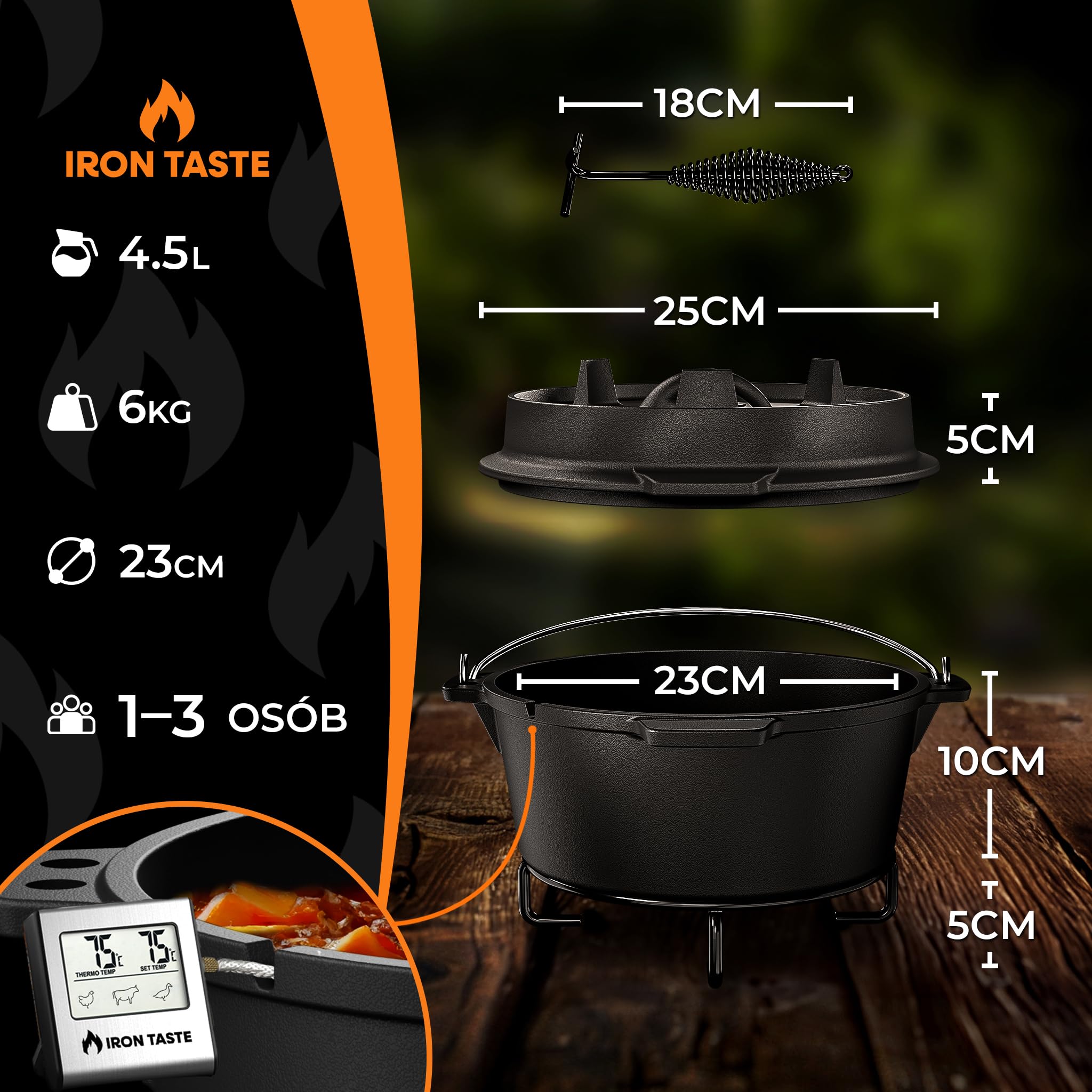 Set Pentola Olandese in Ghisa 4,5L – Pentola Pre‑Stagionata con Sollevacoperchio Pratico e Sottopentola in Acciaio Inox, Perfetta come Forno Olandese per Pane, Stufati, Arrosti e BBQ