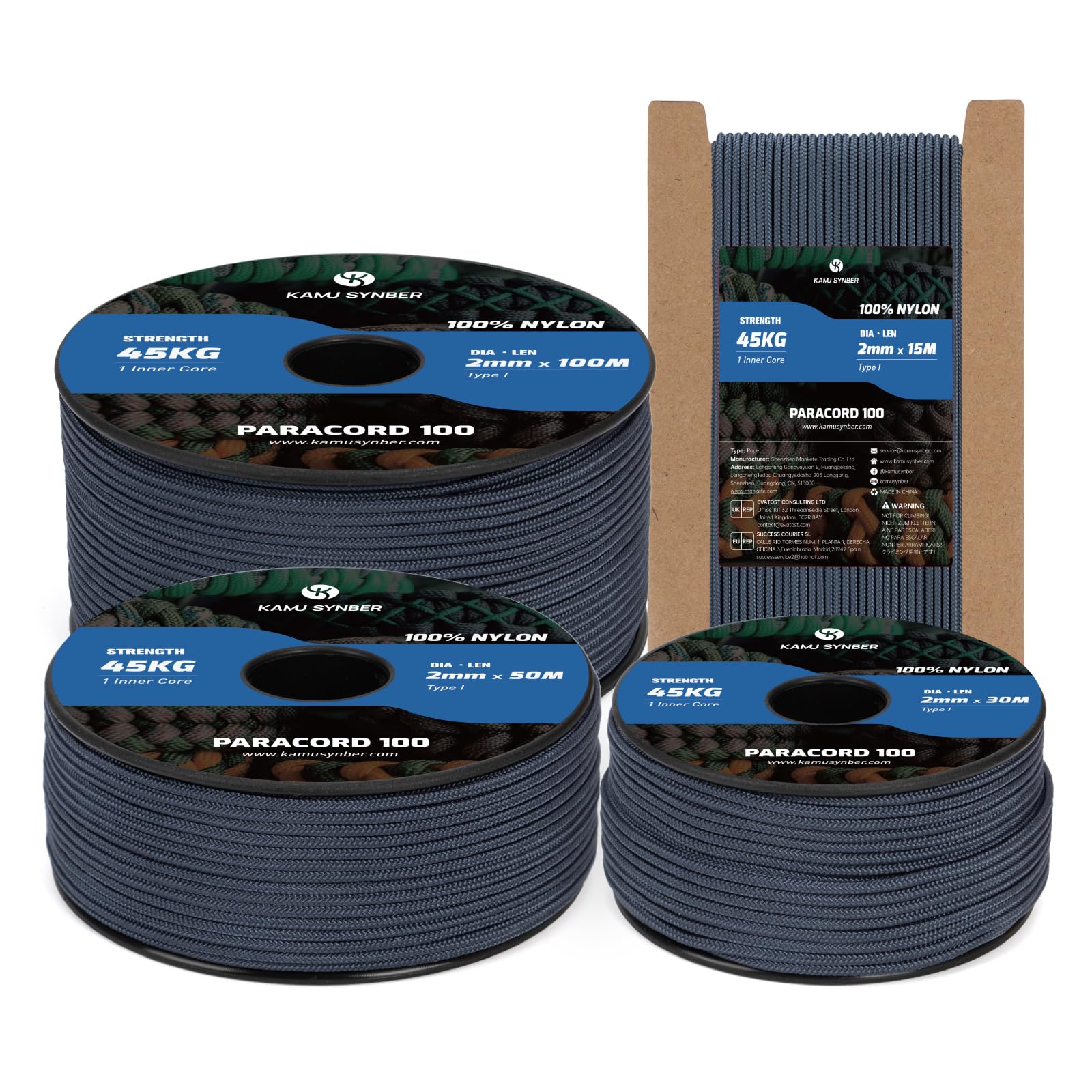 Kamu Synber 2mm Paracord 50M 100% Nylon Rope 1 Strand Type I Parachute Cord for Crafting, Outdoor, DIY, Camping | Support 45kg | Navy Blue