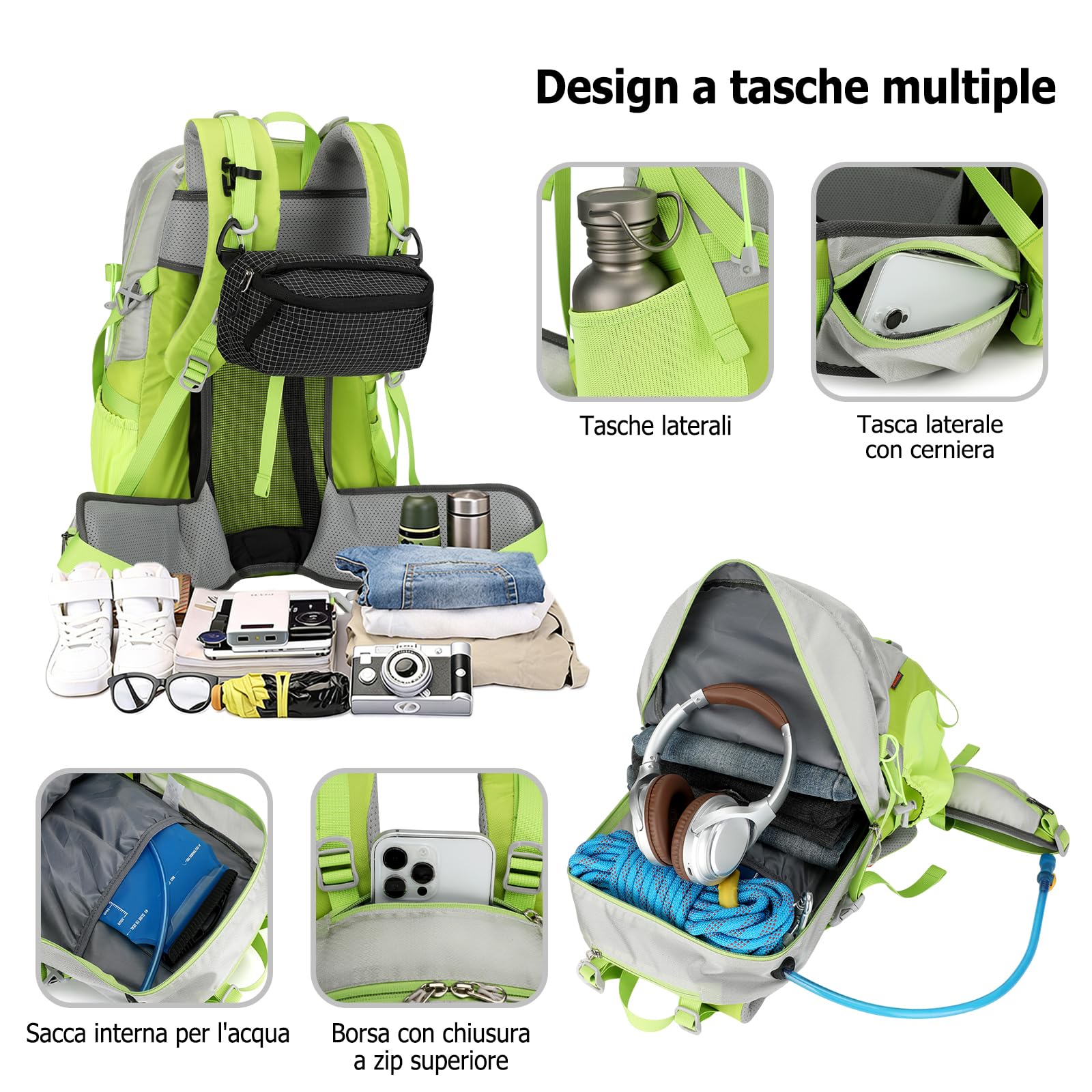 Zaino da Trekking 40L Zaino Impermeabile Grande Zaini Hiking Nylon Campeggio Backpack per Donna Uomo Viaggio Sport Nero