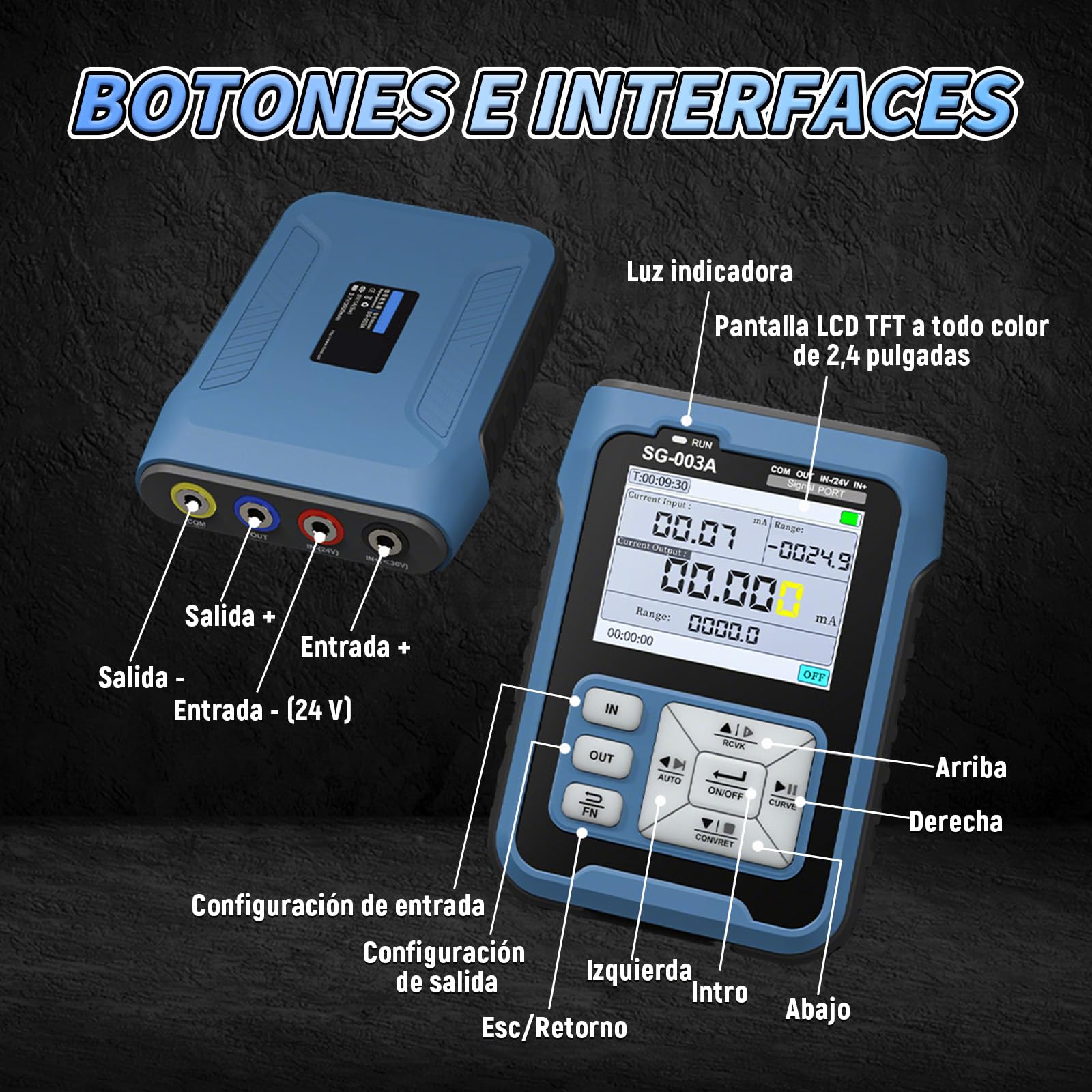 Generador De Señal Portátil SG-003A 4-20mA, Simulador de Voltaje de Corriente Ajustable 0-24V, Curvas Tiempo Real, Valores Predefinidos, Función Programable, Transmisores, Servoválvulas y PLC