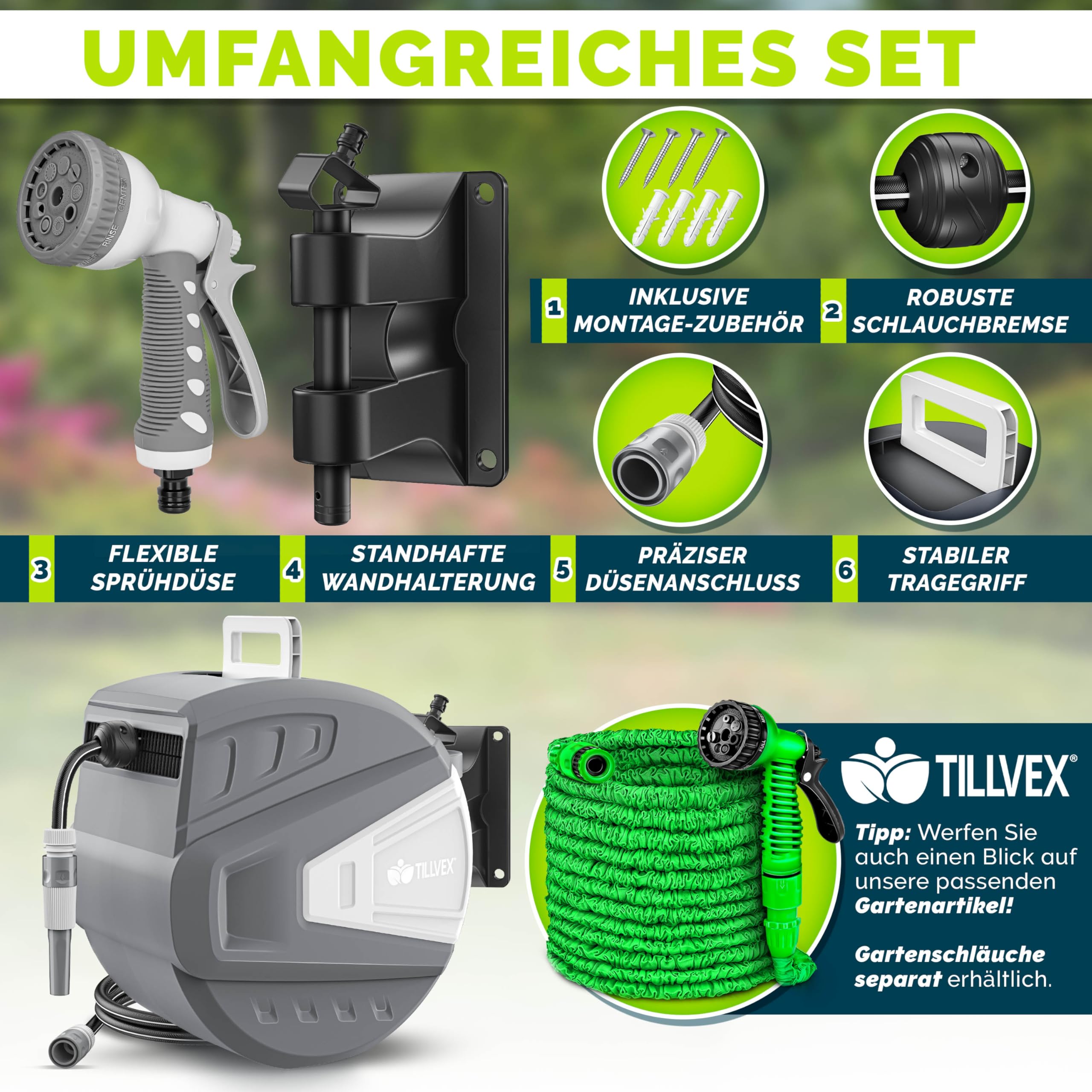 tillvex Schlauchtrommel Wasser mit Wandhalterung + Tragegriff | Schlauchaufroller mit Handbrause und Gartenschlauch | 180° Schwenkbar | Wand-Schlauchbox mit Aufroll-Automatik (Grau, 30m)