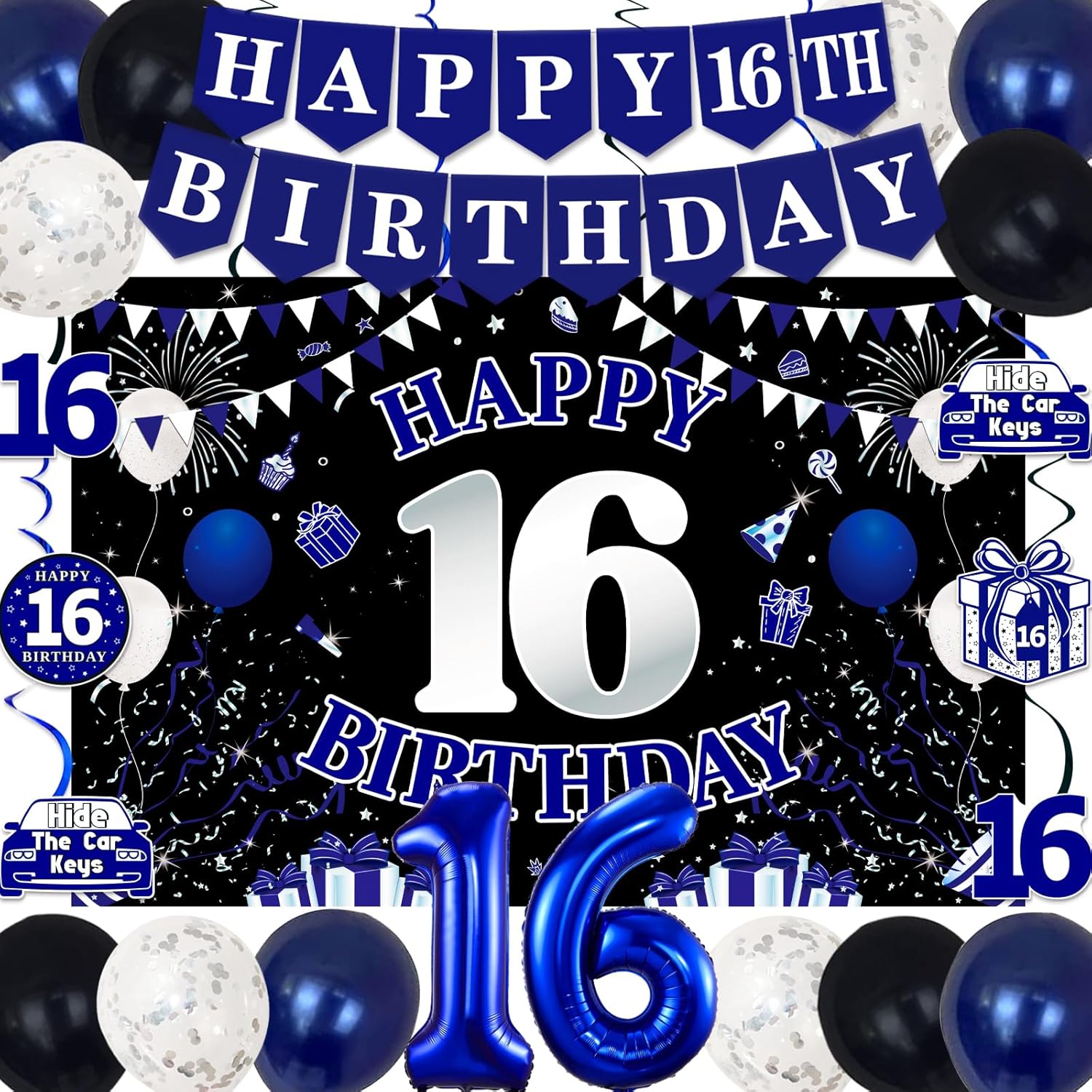 16th Birthday Decorations for Boys Girls, Blue Black Happy 16th Birthday Party Decorations, Happy 16th Birthday Backdrop, Foil Balloons 16, Banner, Balloons, Hanging Swirls, Birthday Cards Set 45pcs