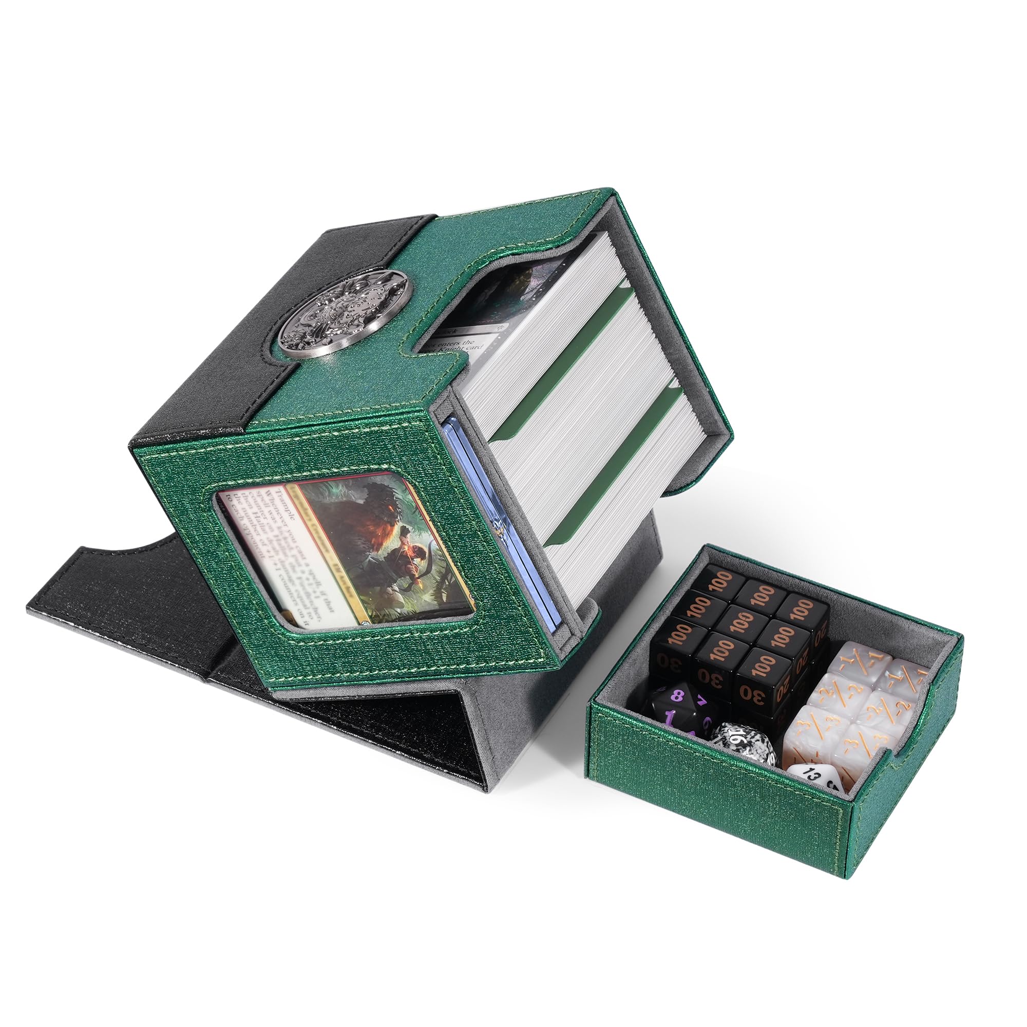 Kabinka Commander Deck Box for MTG with Metal Emblem, Card Deck Box with Dice Tray, Holds 100 Double-Sleeved Cards for PTCG, Cards Storage Case with 35PT Magnetic Card Holder (Black& Green, Leopard)