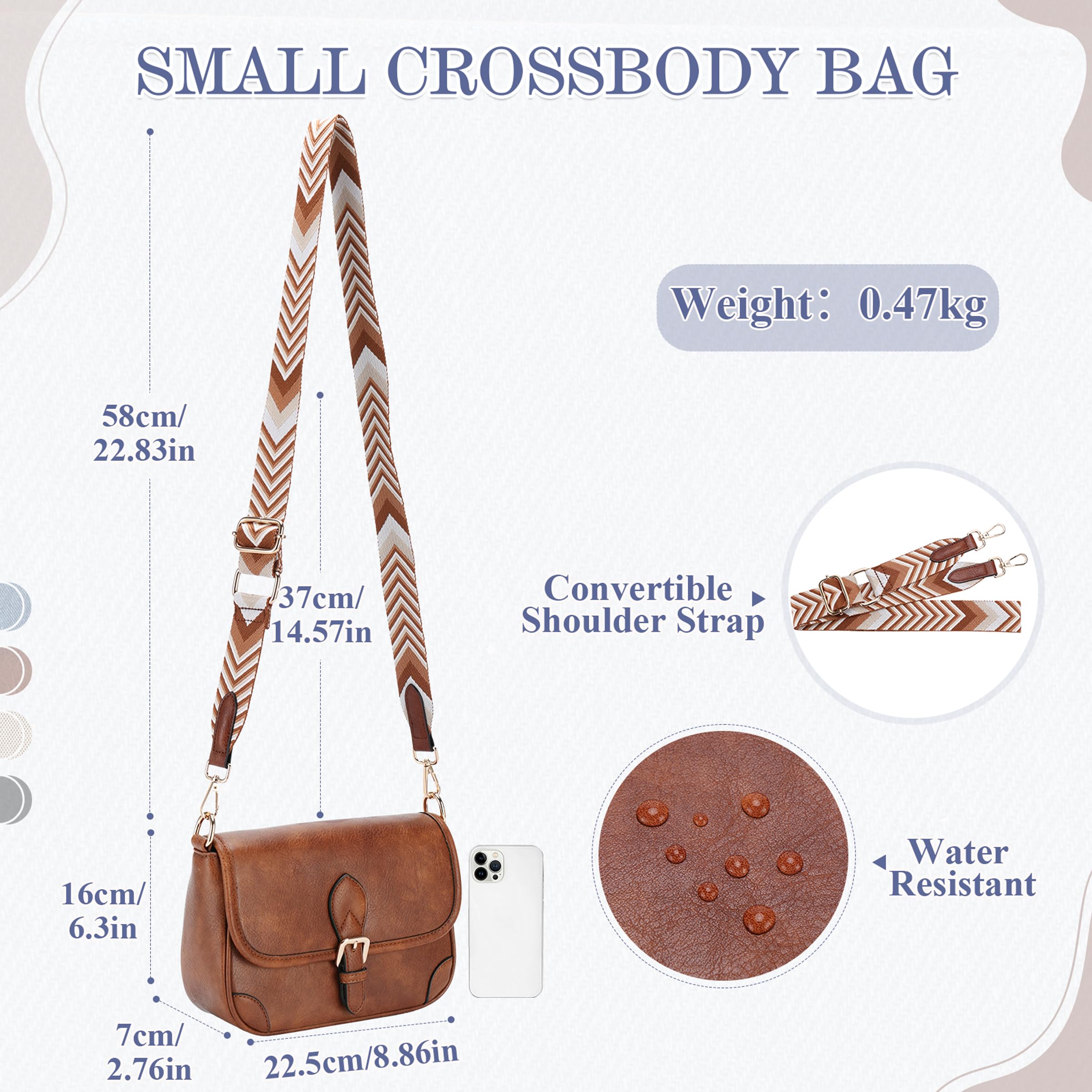 RAVUO Small Crossbody Purse, Trendy Women Vegan Leather Shoulder Purse Handbags Ladies Satchel with Adjustable Wide Strap,Brown