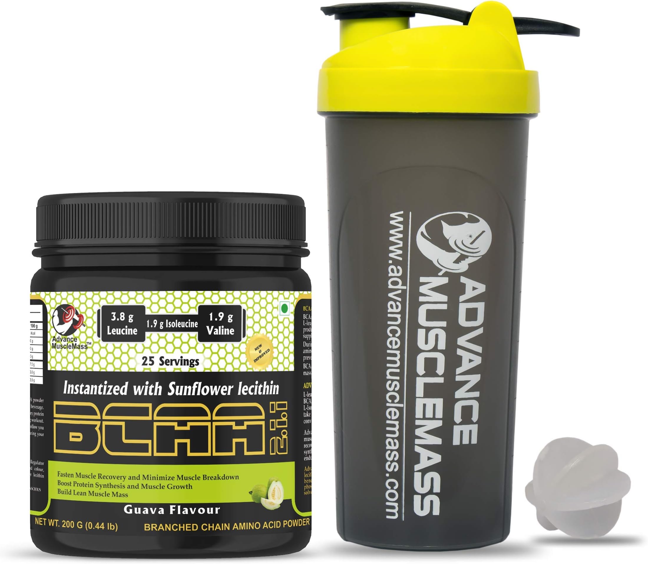 Advance MuscleMass BCAA 2 : 1 : 1 Energy Drink for Workout 7.6 G 3.8 G Leucine 1.9 G ISO Valine Instantized with Sunflower Lecithin Lab Tested with Shaker (Guava Flavour, 200 Gm, 0.44 lb)