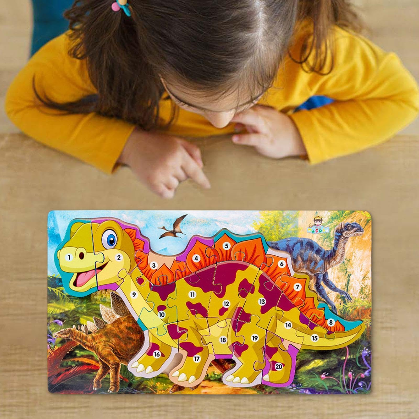 Puzzle in Legno di Tirannosauro per Bambini Che Imparano I Numeri, Giallo
