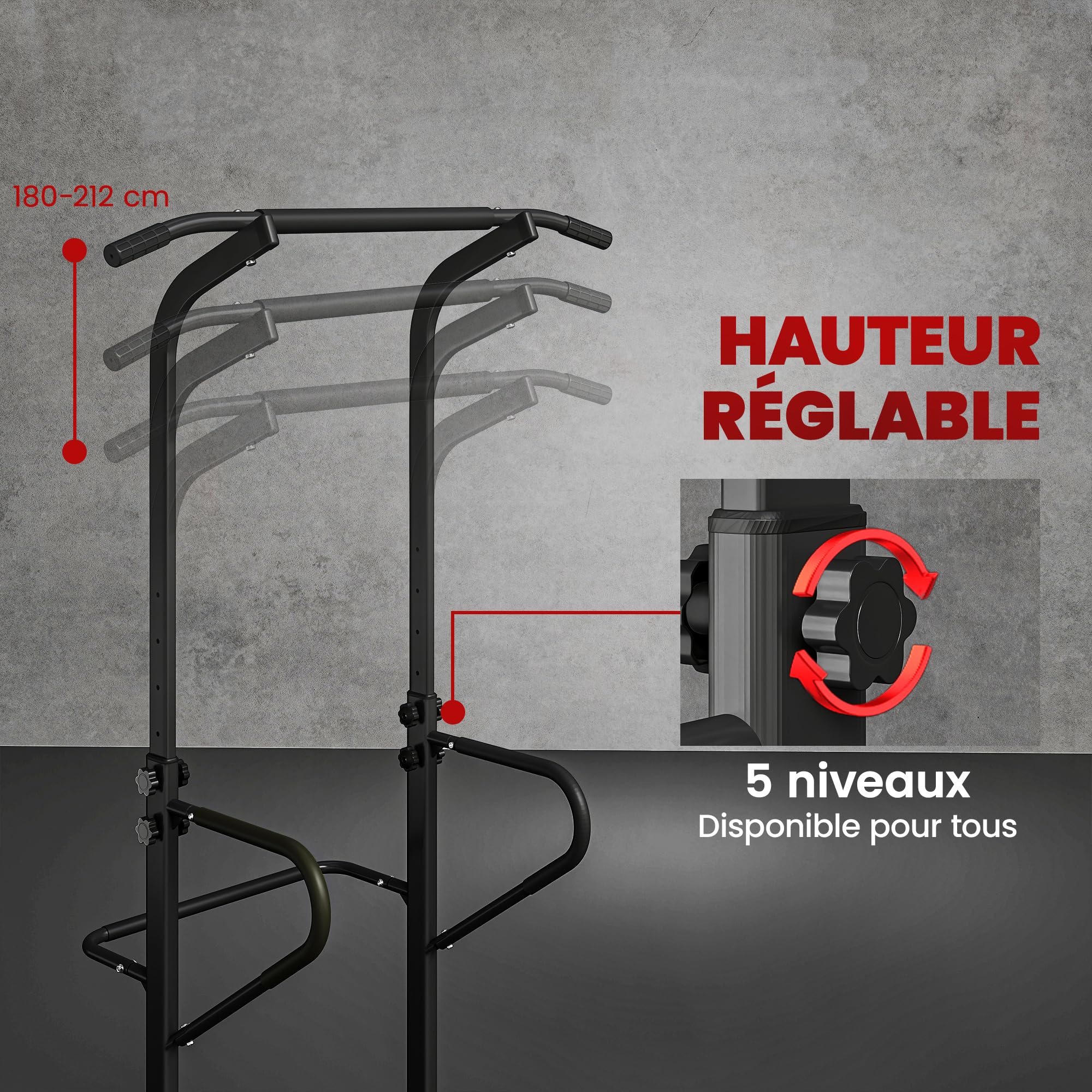 HOMCOM Station de Musculation Multifonctions Barre de Traction Chaise Romaine Hauteur réglable Acier Noir Rouge