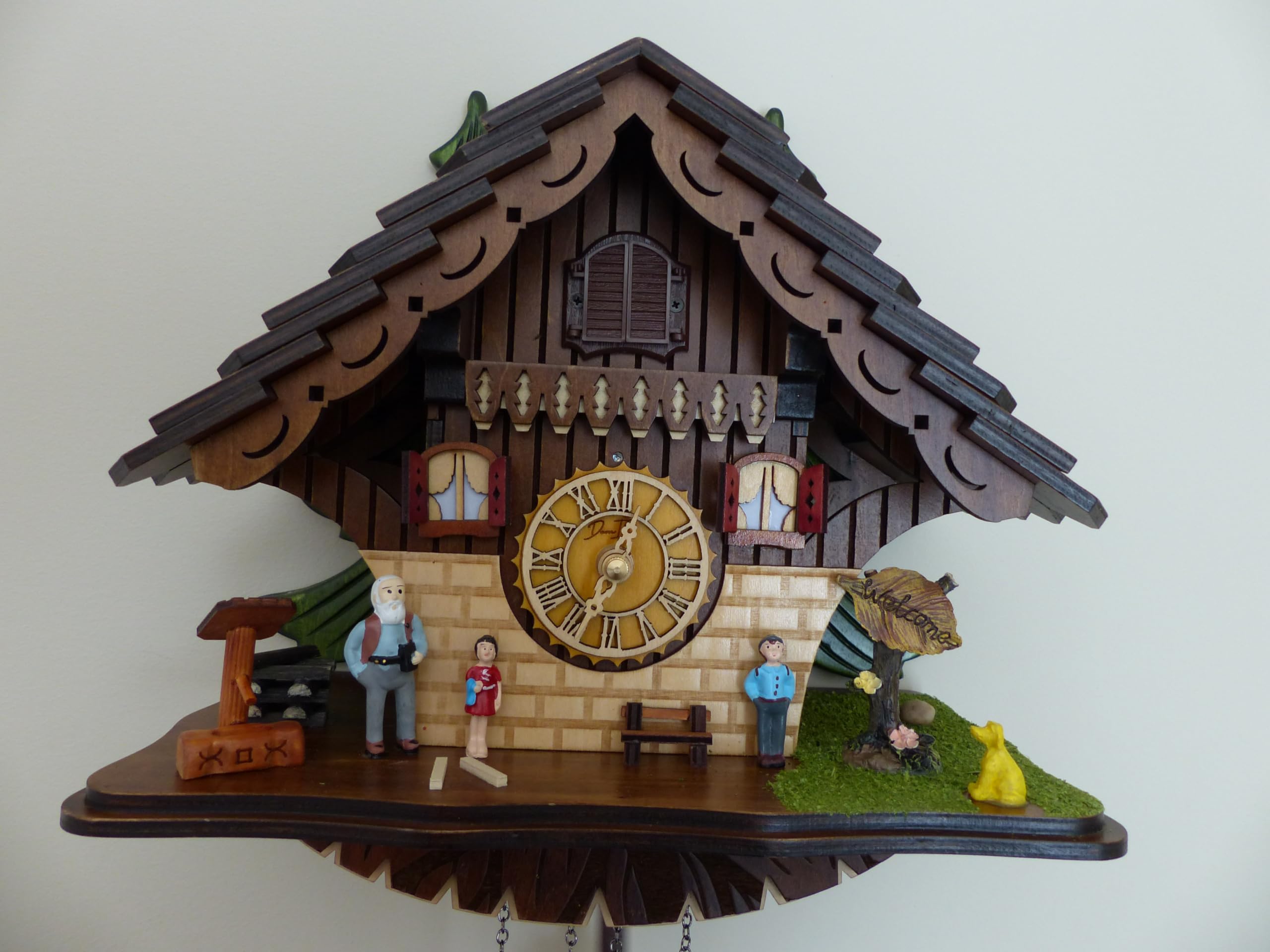 Cuckoo Clock for Wall, Handcrafted Traditional Black Forest Wooden House, Dog & Family Decor, Quartz German Design, Wooden Pendulum, Volume Control, Auto Night Mode, Dark Walnut, 11.3