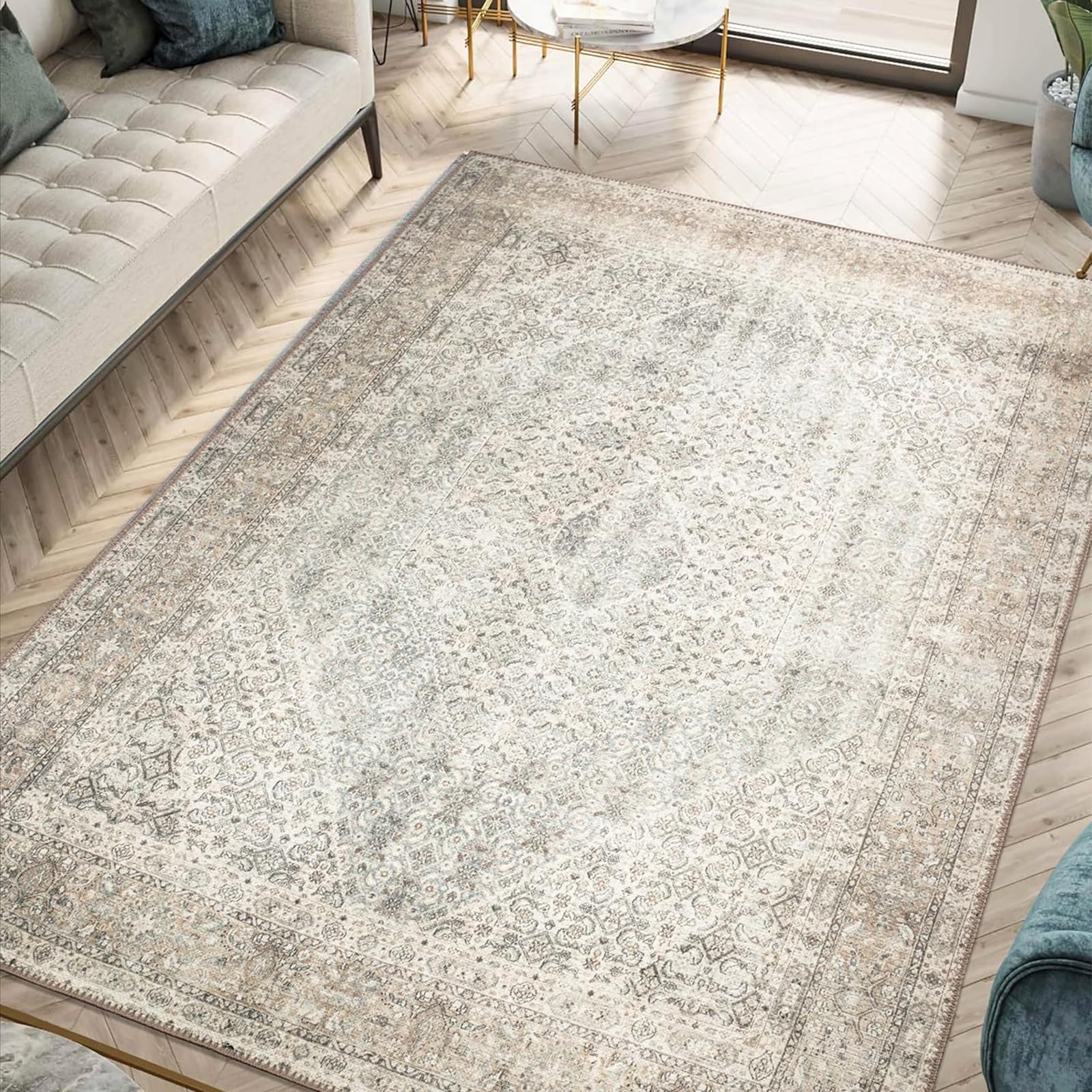 Tapis de salon beige crème grand format 160x260 lavable et robuste
