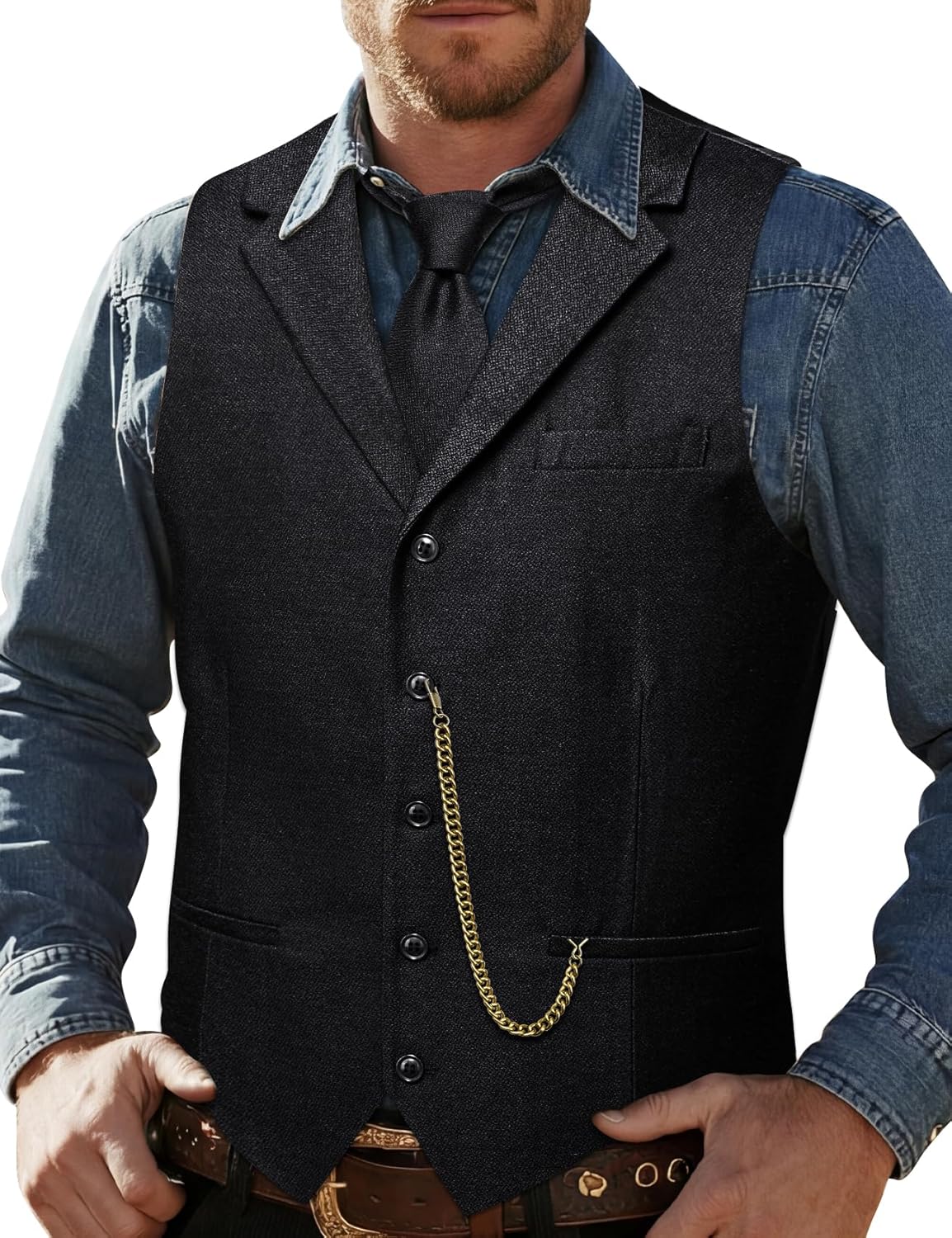 Barry.Wang Tweed Vest Tie Suit Western Cowboy Waistcoat Classic Vintage 3PC Notch Lapel Business Causal Wedding Prom Party