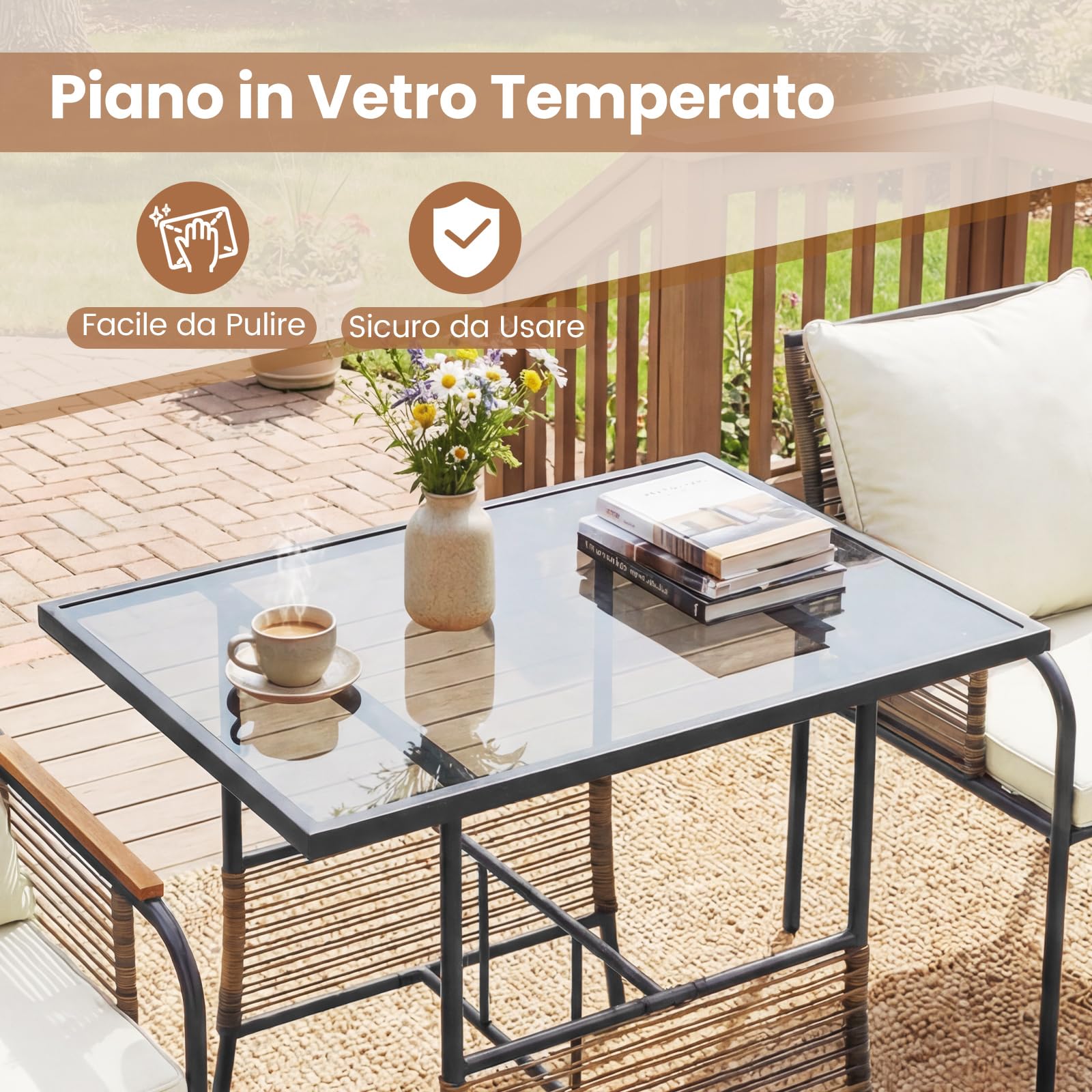 COSTWAY Set Salottino da Giardino in Vimini, Set di Mobili da 3 Pezzi per Esterno Salvaspazio con Cuscini, Tavolo Rettangolare e Sedie in Rattan per Balcone, Veranda, Giardino e Cortile (Beige)