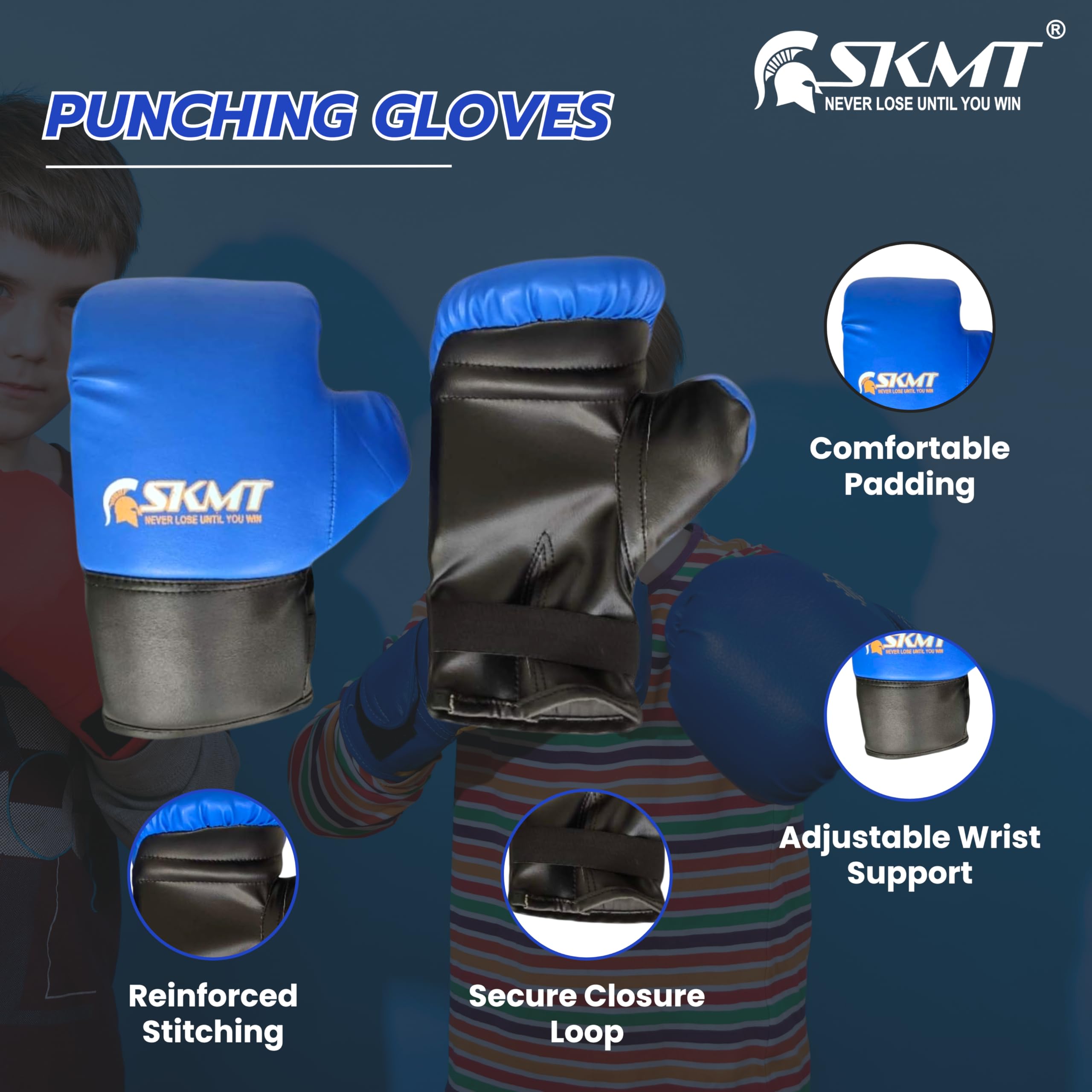 SKMT NEVER LOSE UNTIL YOU WIN Kids Boxing Kit Set - 2-8 Years (Blue) 3