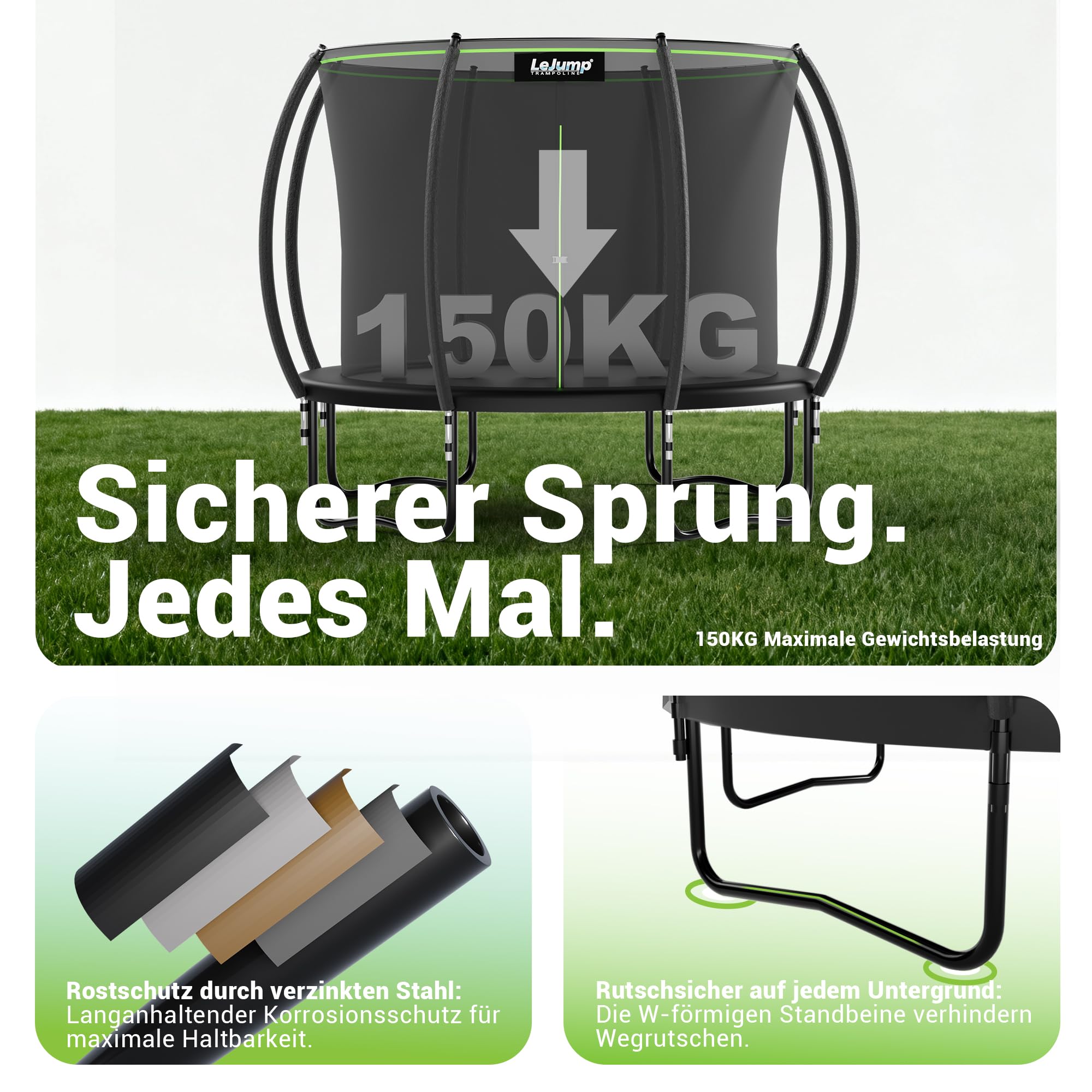 LeJump 235/305/366 cm Outdoor Trampolin für Kinder und Erwachsene, großes Garten-Trampolin mit Netz und Leiter, GS-zertifizierte Trampoline, Tragfähigkeit 150 kg
