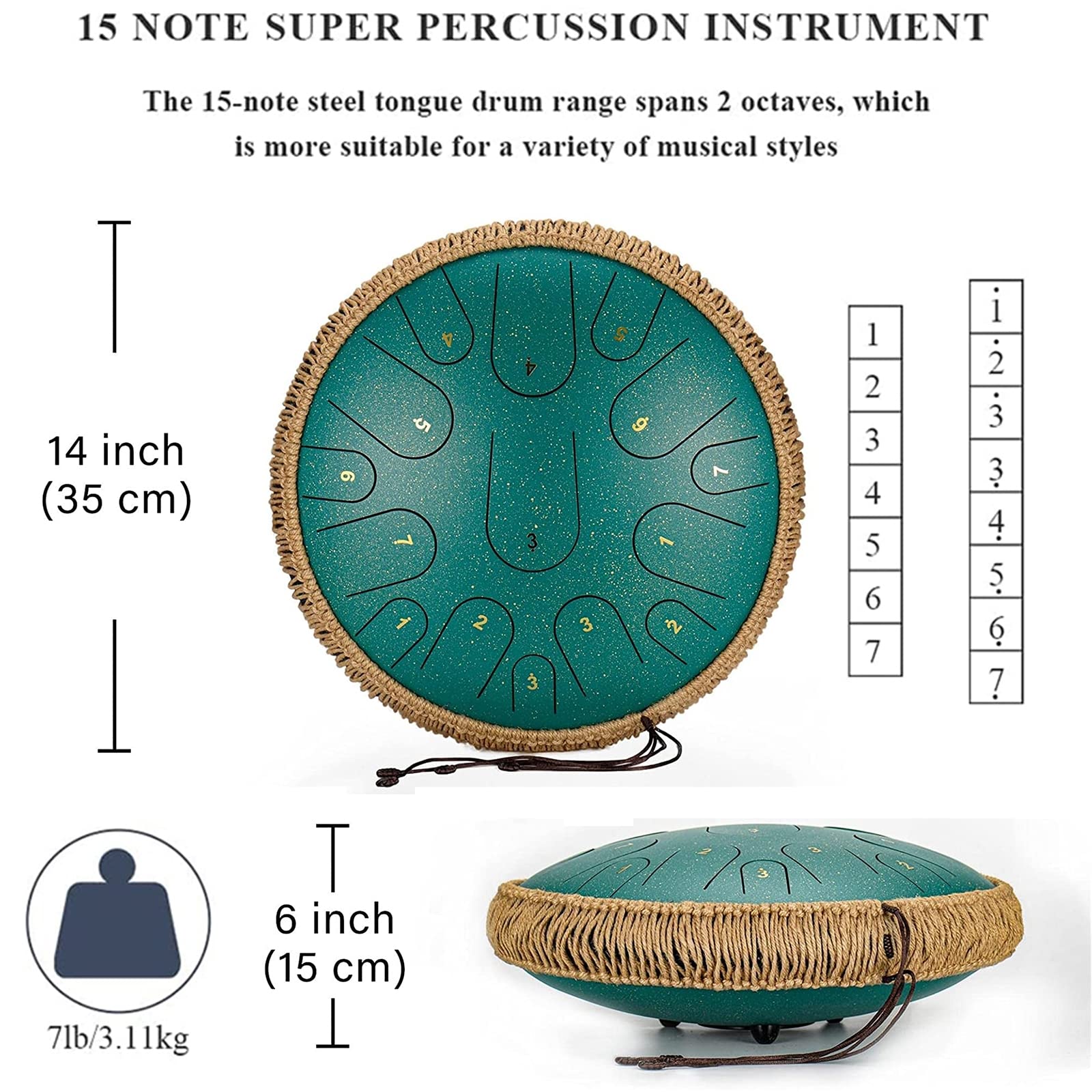 Handpan, Tambor De Lengua De Acero, 14 Pulgadas 15 Tonos Steel Tongue Drum con Llave D Kit De ​con Mazos De Tambor Pegatinas De Notas Palillos De Dedos Soportey Bolsa De Concierto